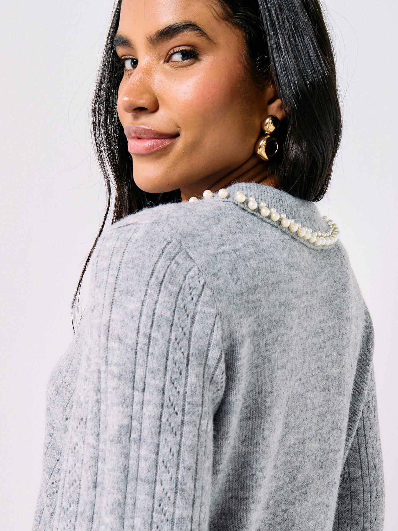 JDY April Life Long Sleeve Pearl Collar Knitted Jumper - Grey | Very