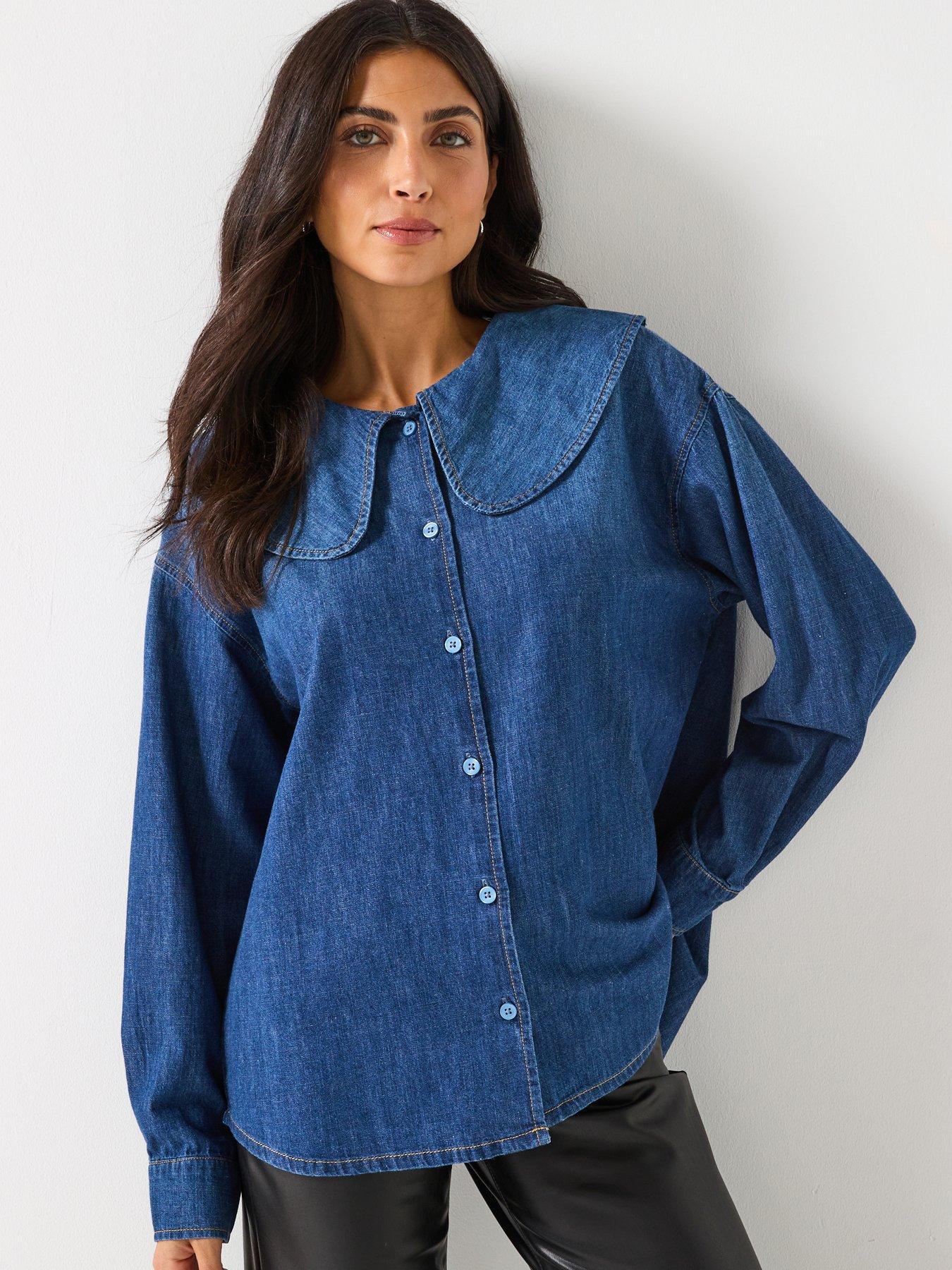 Only Nala Long Sleeve Collar Denim Shirt, Blue, Size Xs, Women