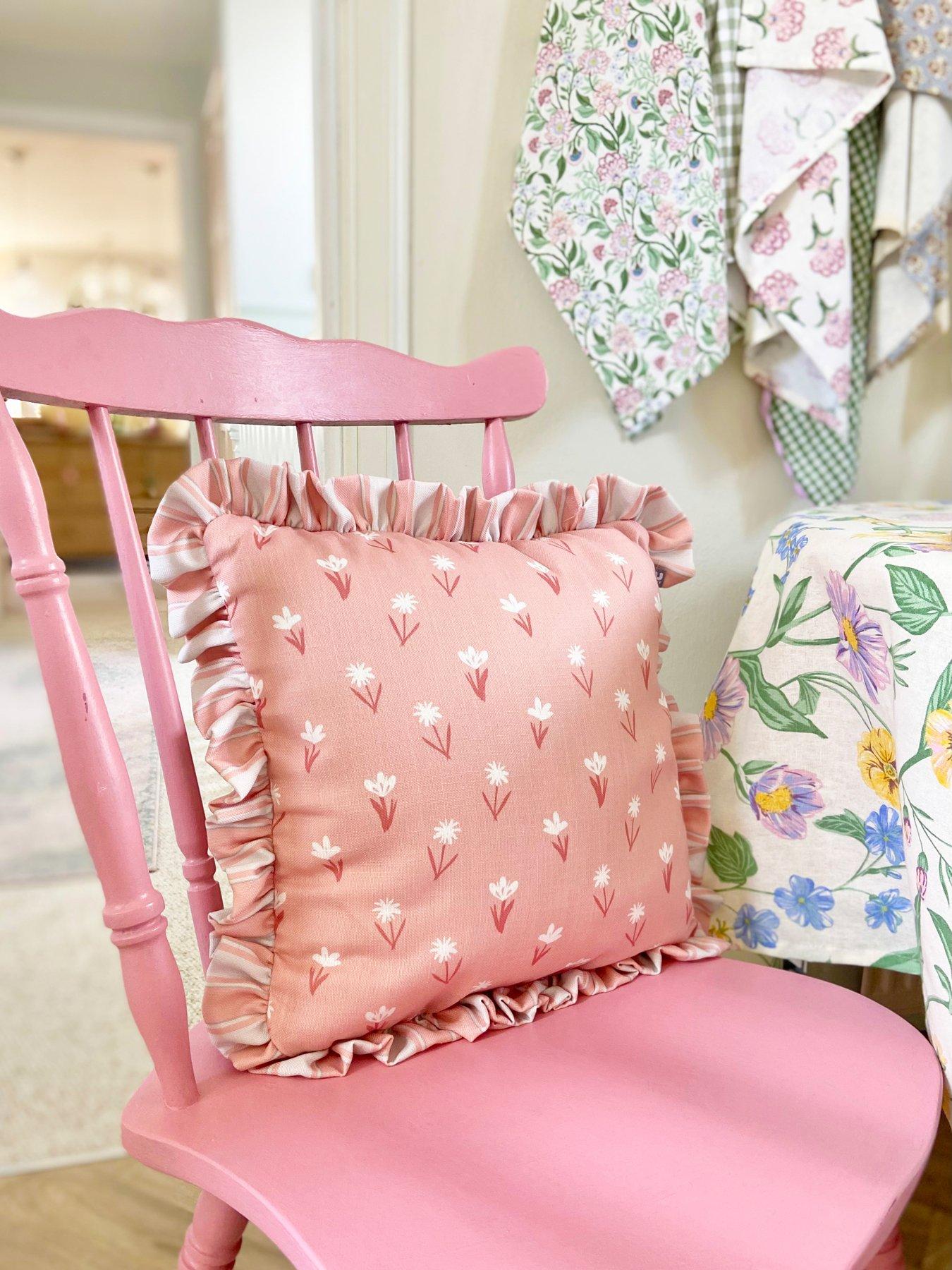 rucomfy Frilled Cushion - Dusky Pink Ditsy Stripe