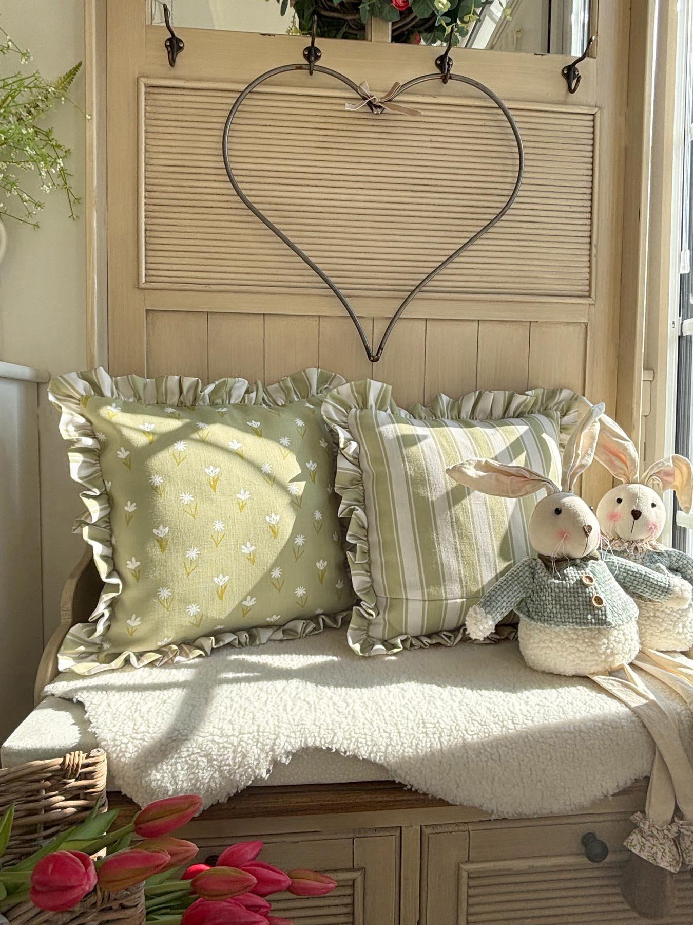 undefined Frilled Cushion - Olive Green Ditsy Stripe