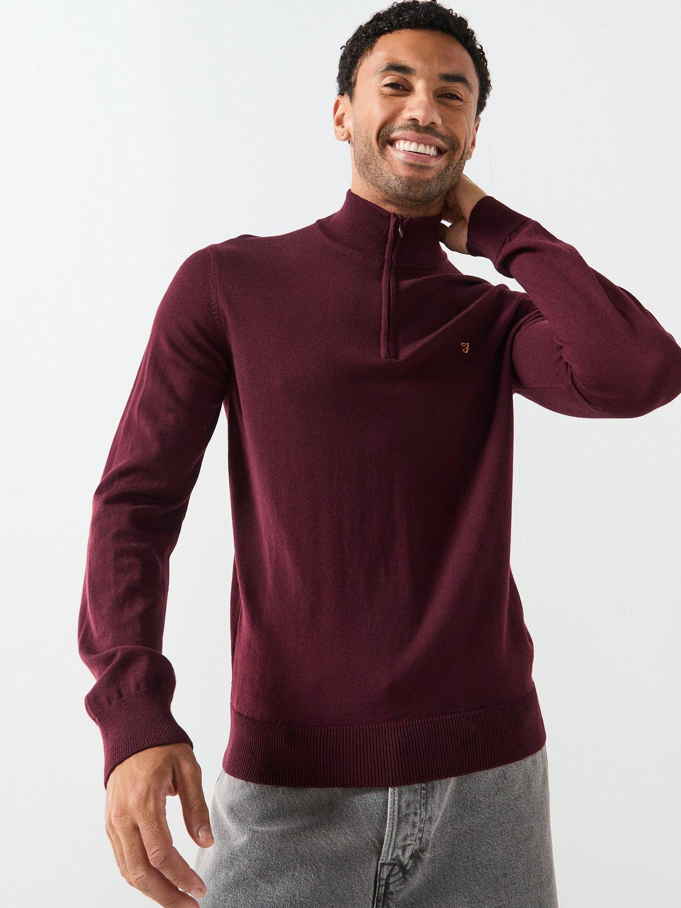 Farah Redchurch 1/4 Zip Merino Wool Knitted Jumper, Burgundy, Size M, Men