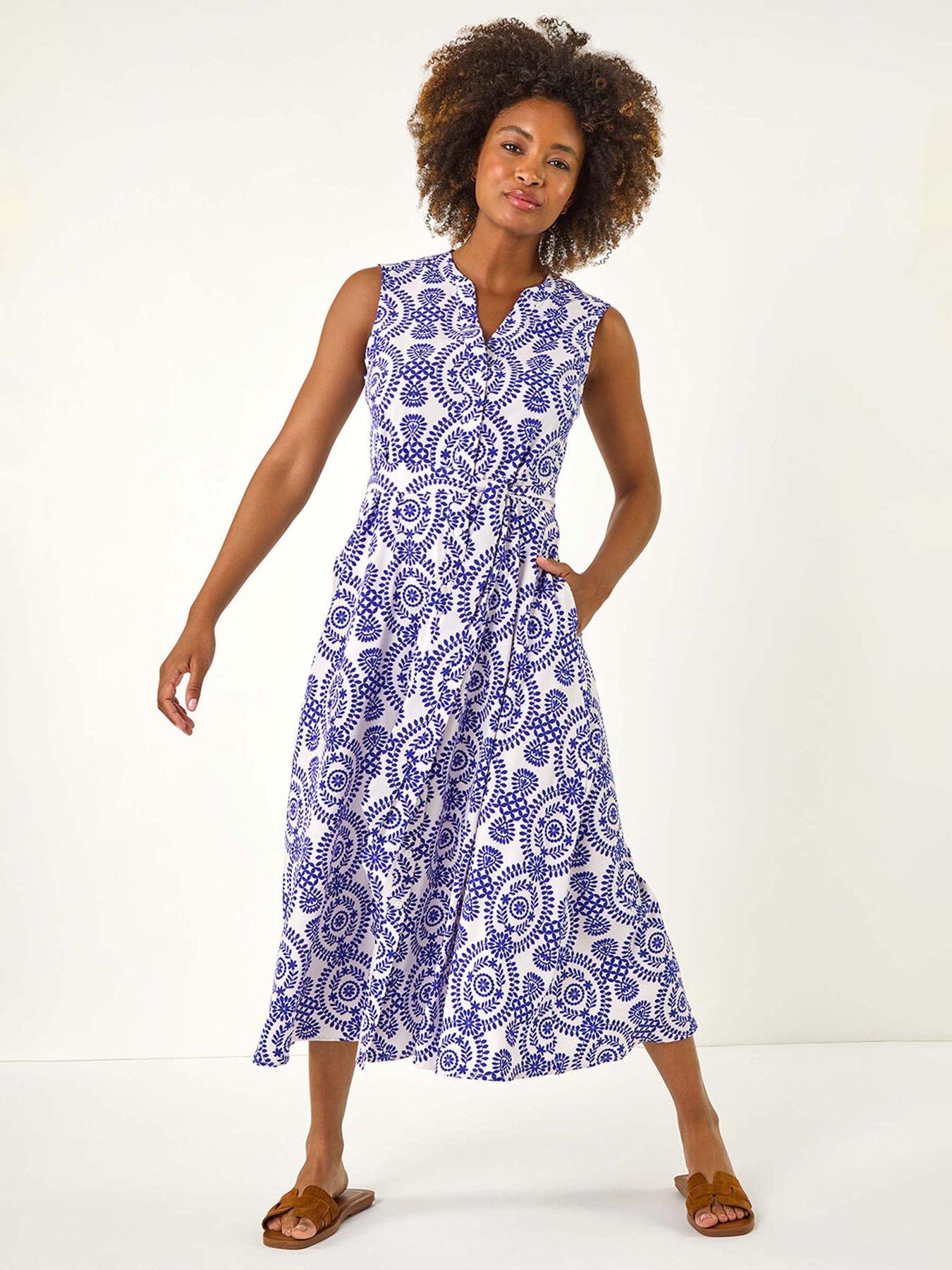 undefined Circle Print Belted Shirt Midi Dress - Blue