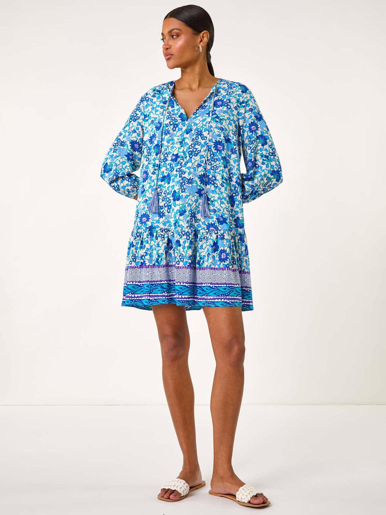 undefined Floral Print Border Smock Dress - Blue