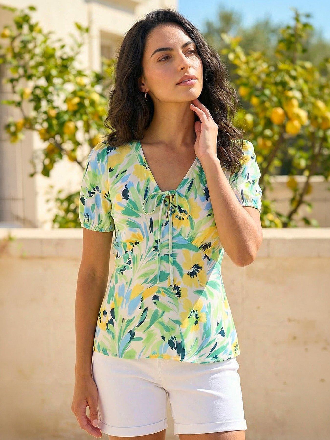 Image 1 of 5 of Roman Dusk Floral Motif Tie Top - White