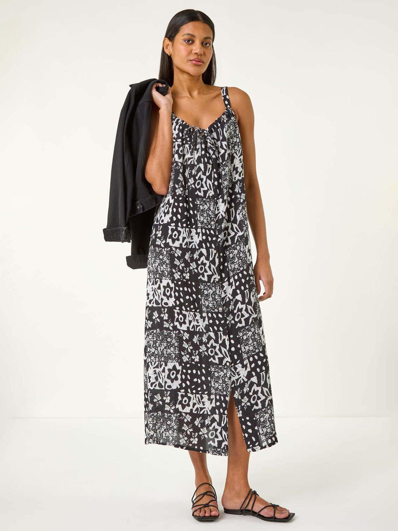 undefined Abstract Gathered Strappy Midi Dress - Black