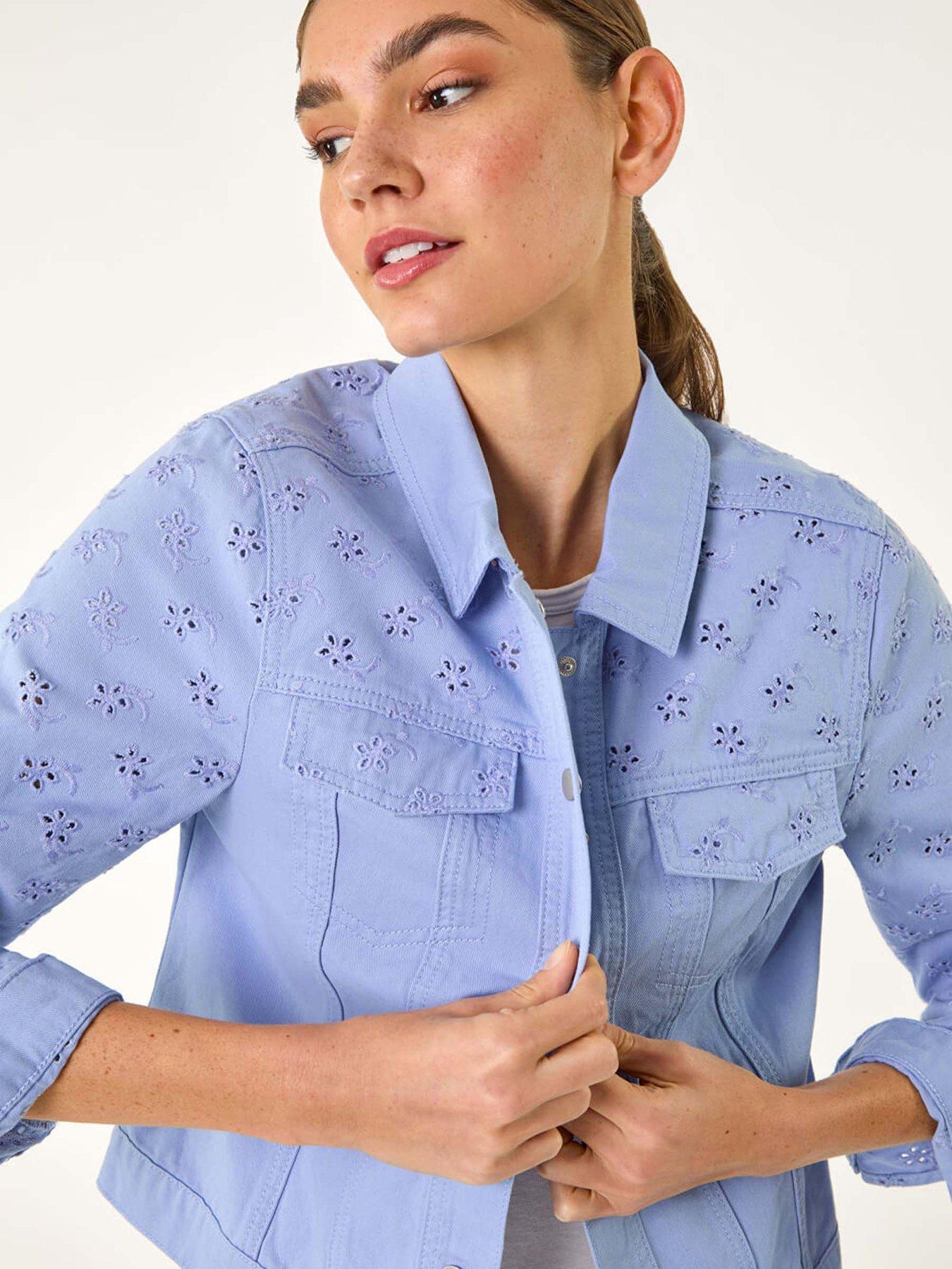 undefined Cotton Blend Broderie Sleeve Jacket - Blue