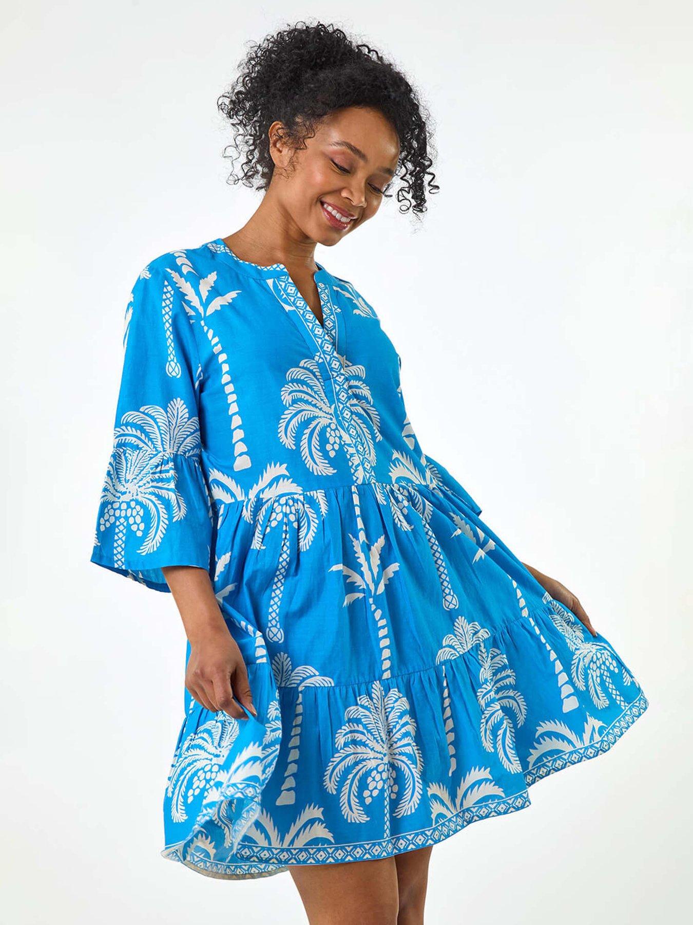 undefined Petite Tropical Tiered Dress - Blue