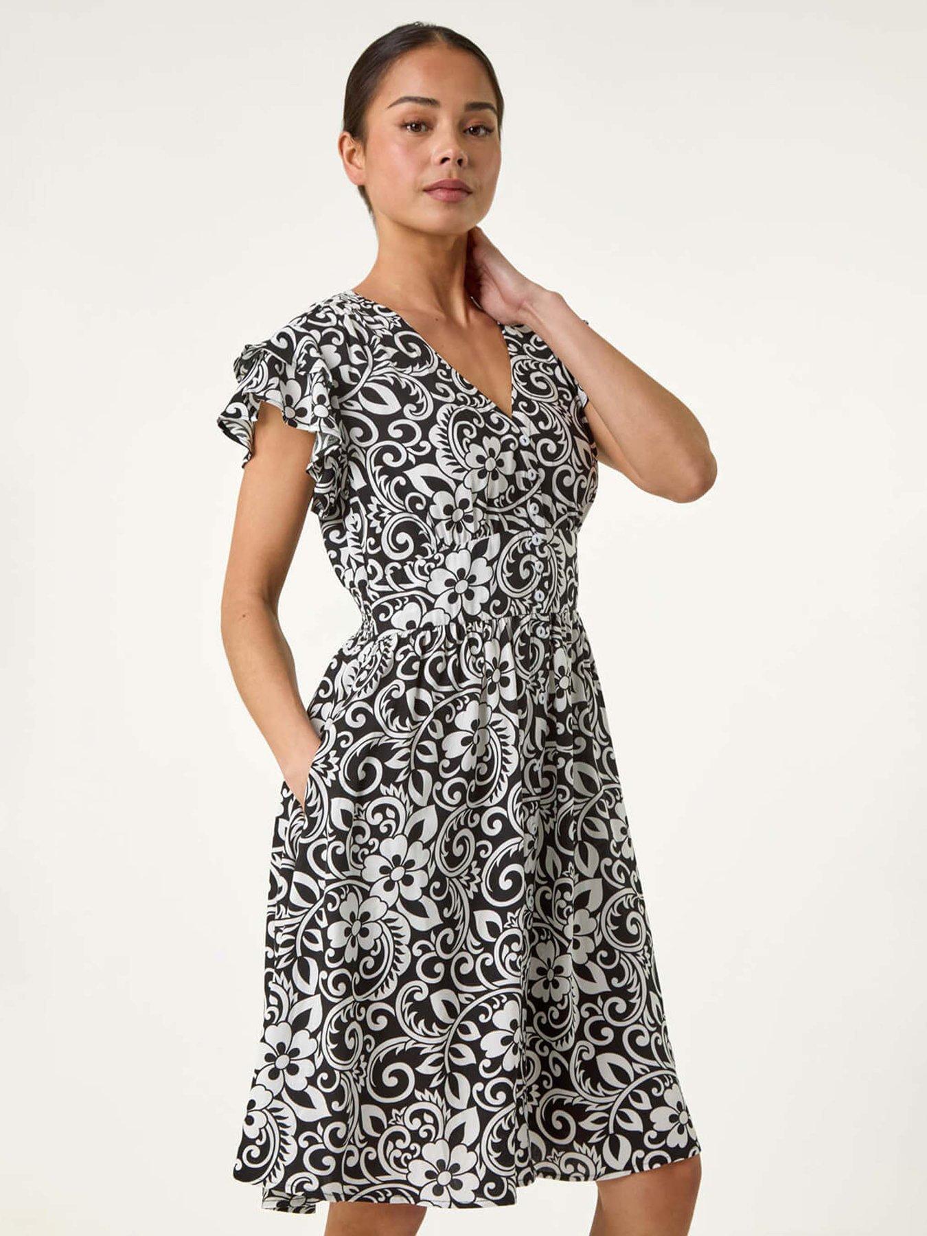 undefined Petite Floral Print Button Frill Dress - Black