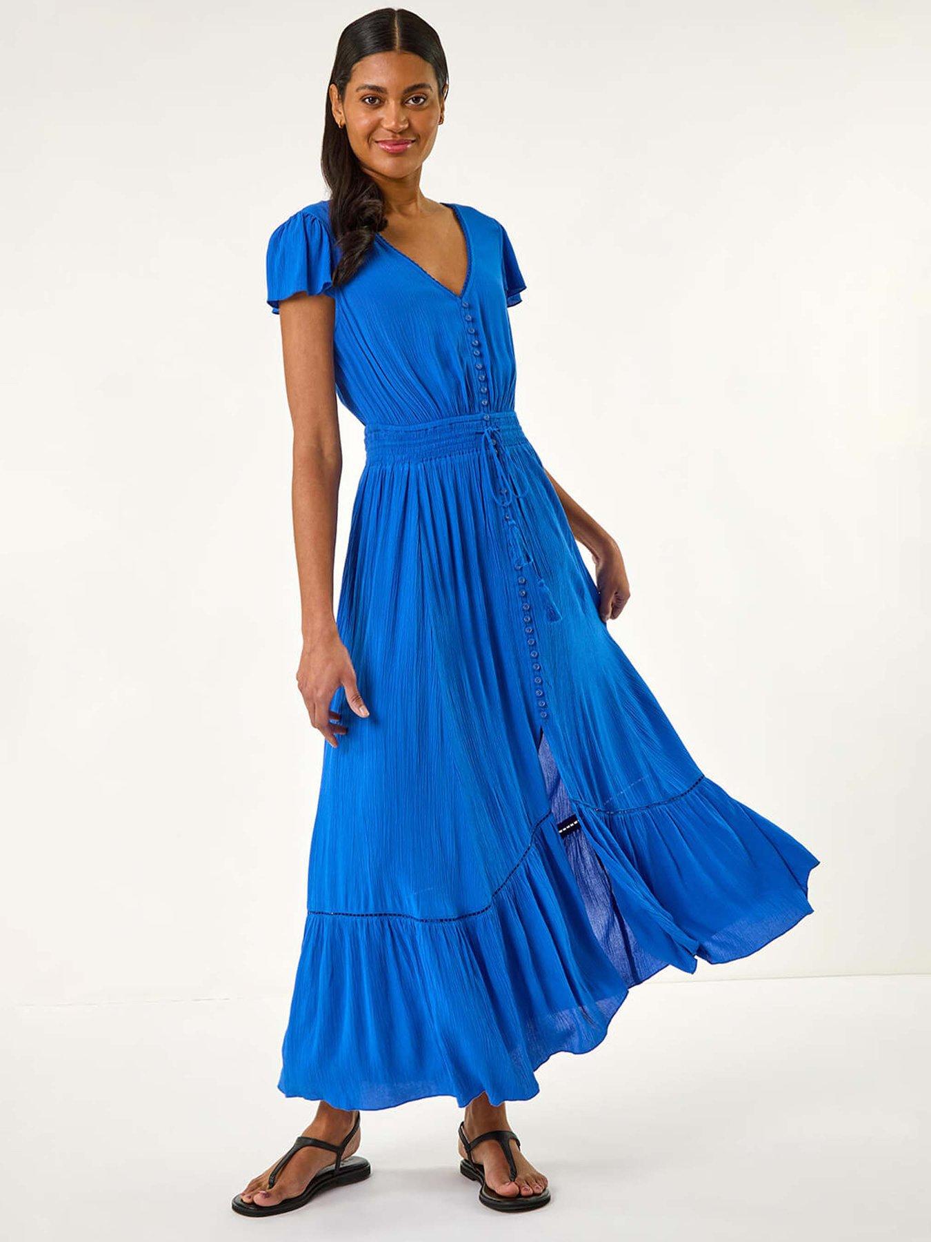 undefined Tiered Buttoned Maxi Dress - Blue