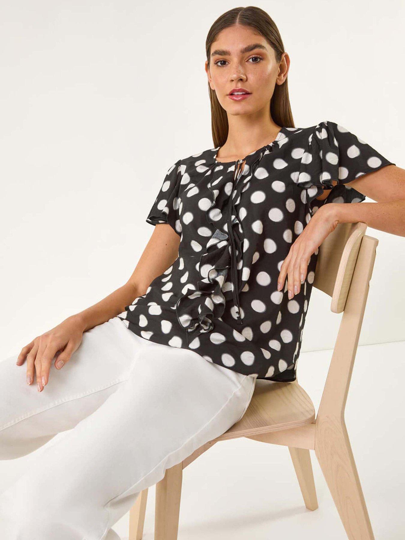 undefined Spot Print Ruffle Tie Front Top - Black