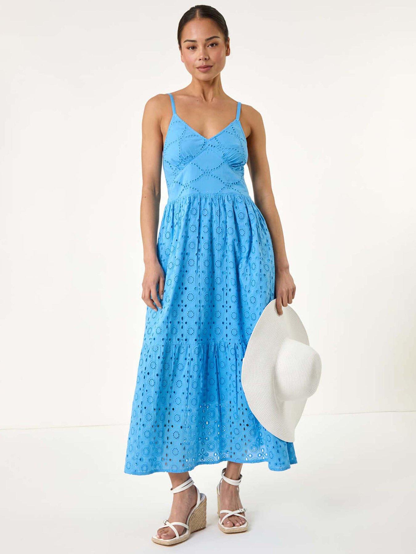undefined Petite Broderie Strappy Maxi Dress - Blue