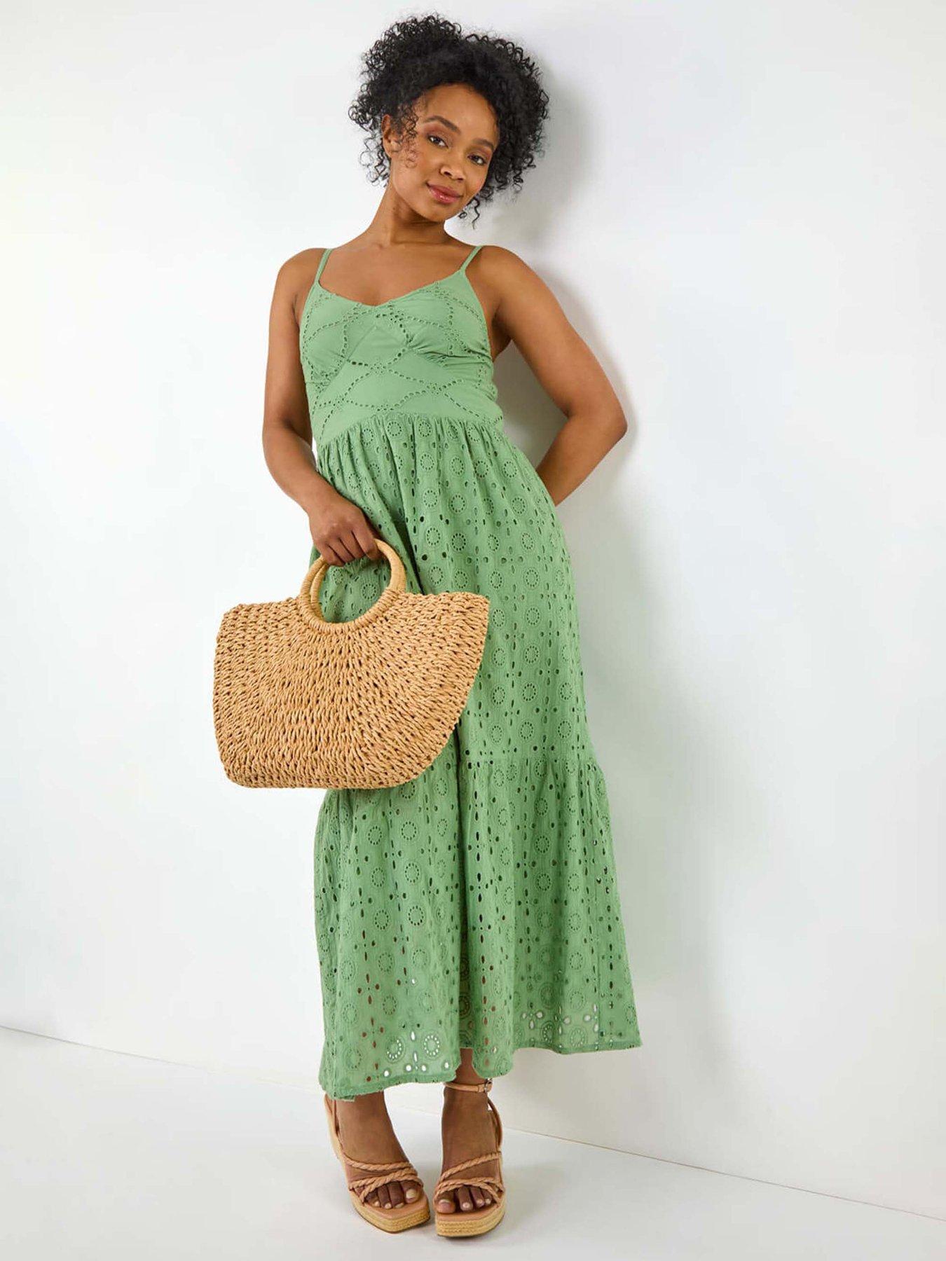 undefined Petite Broderie Strappy Maxi Dress - Green