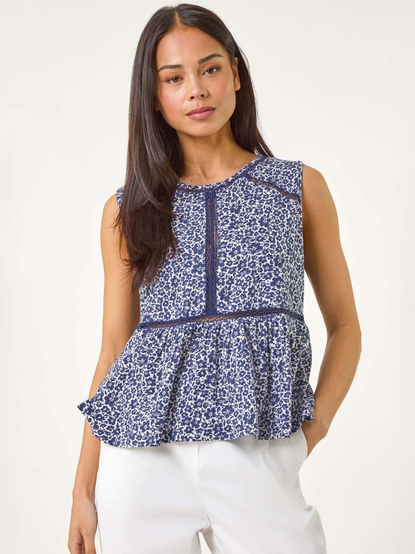 undefined Petite Floral Print Trim Vest Top - Navy