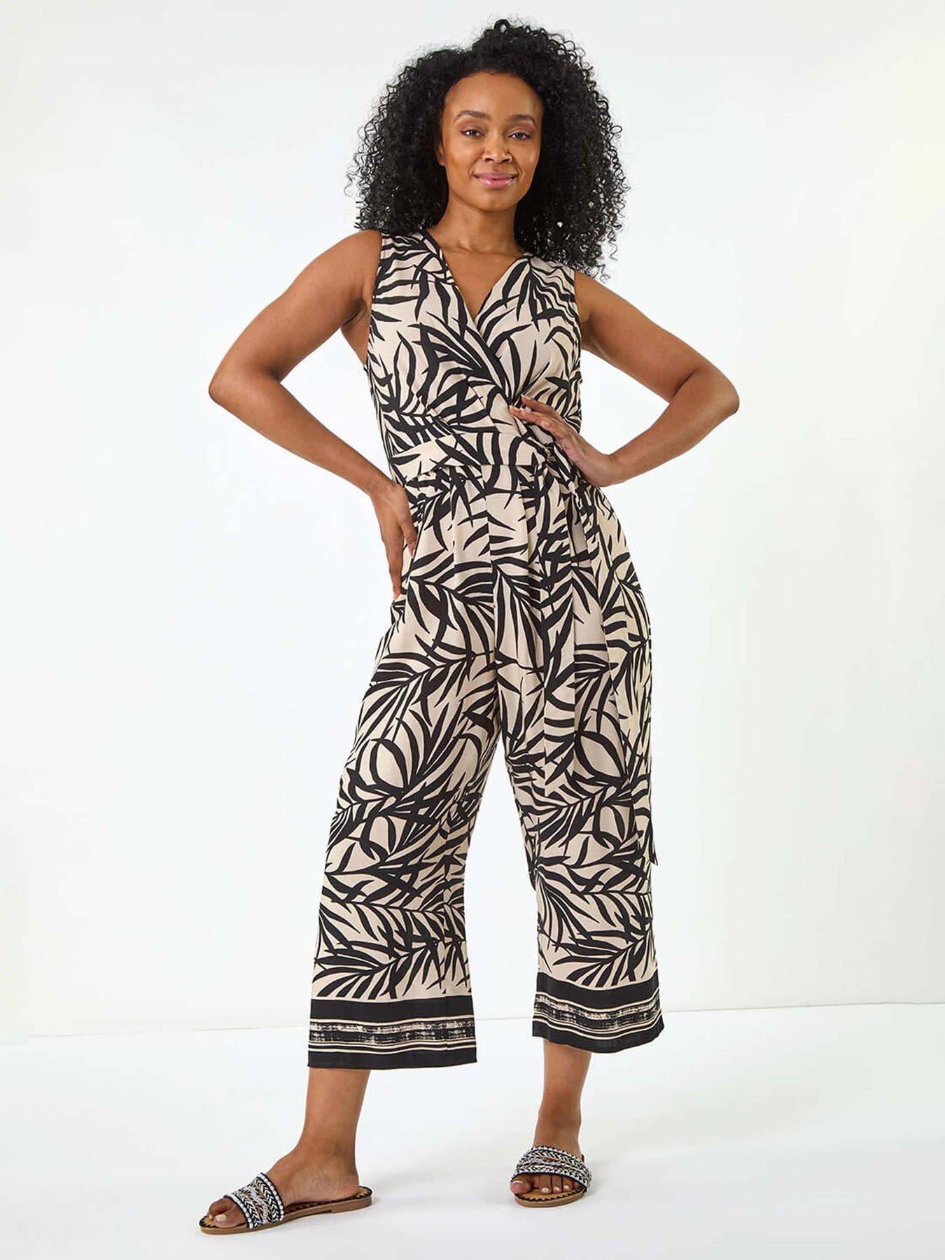 undefined Petite Leaf Border Print Jumpsuit - Black