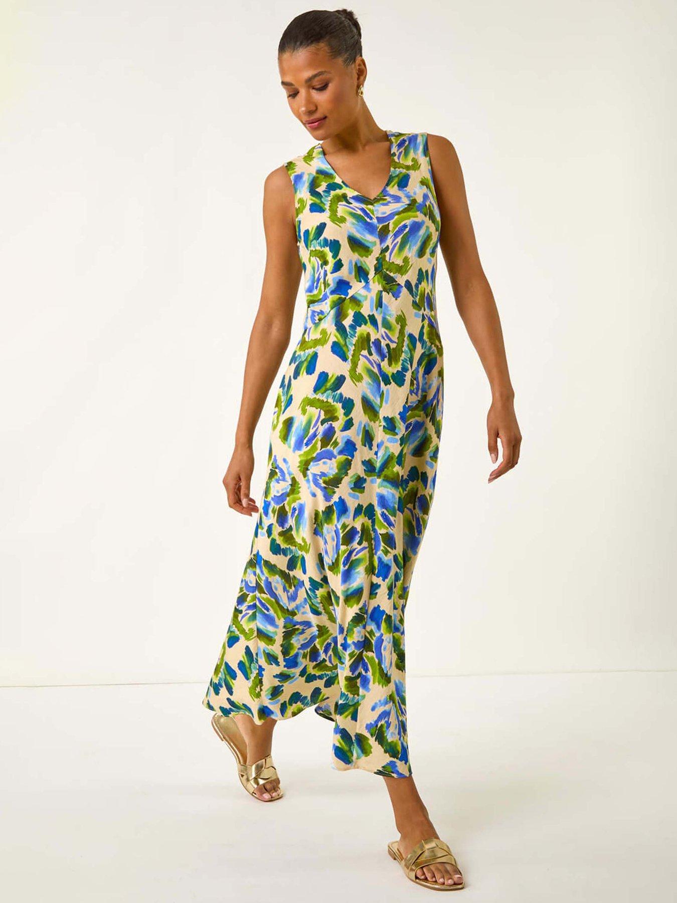 undefined Abstract Print Sleeveless Midi Dress - Blue