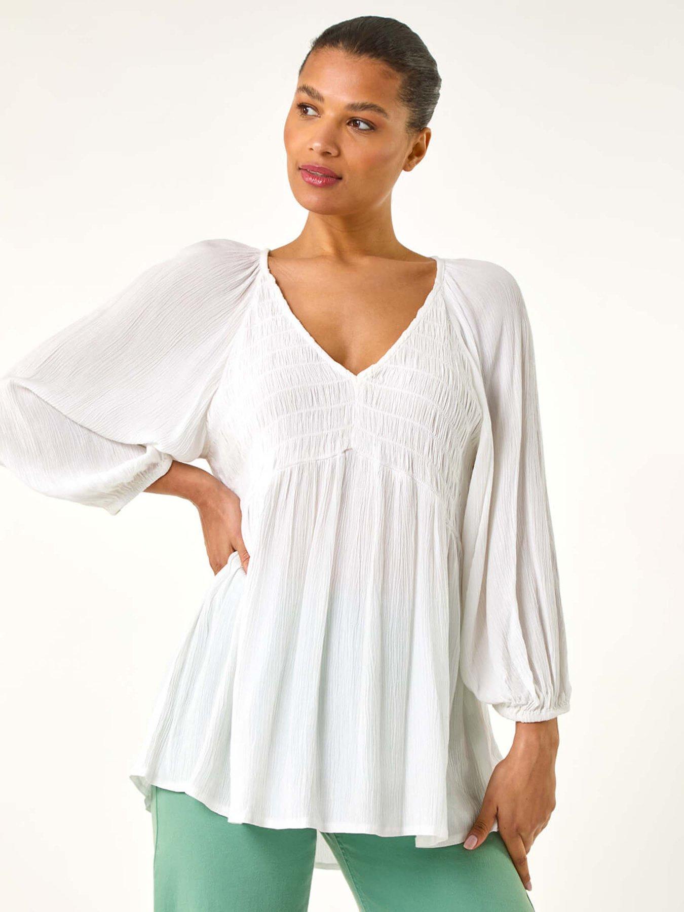 Roman Shirred V-neck Top - White