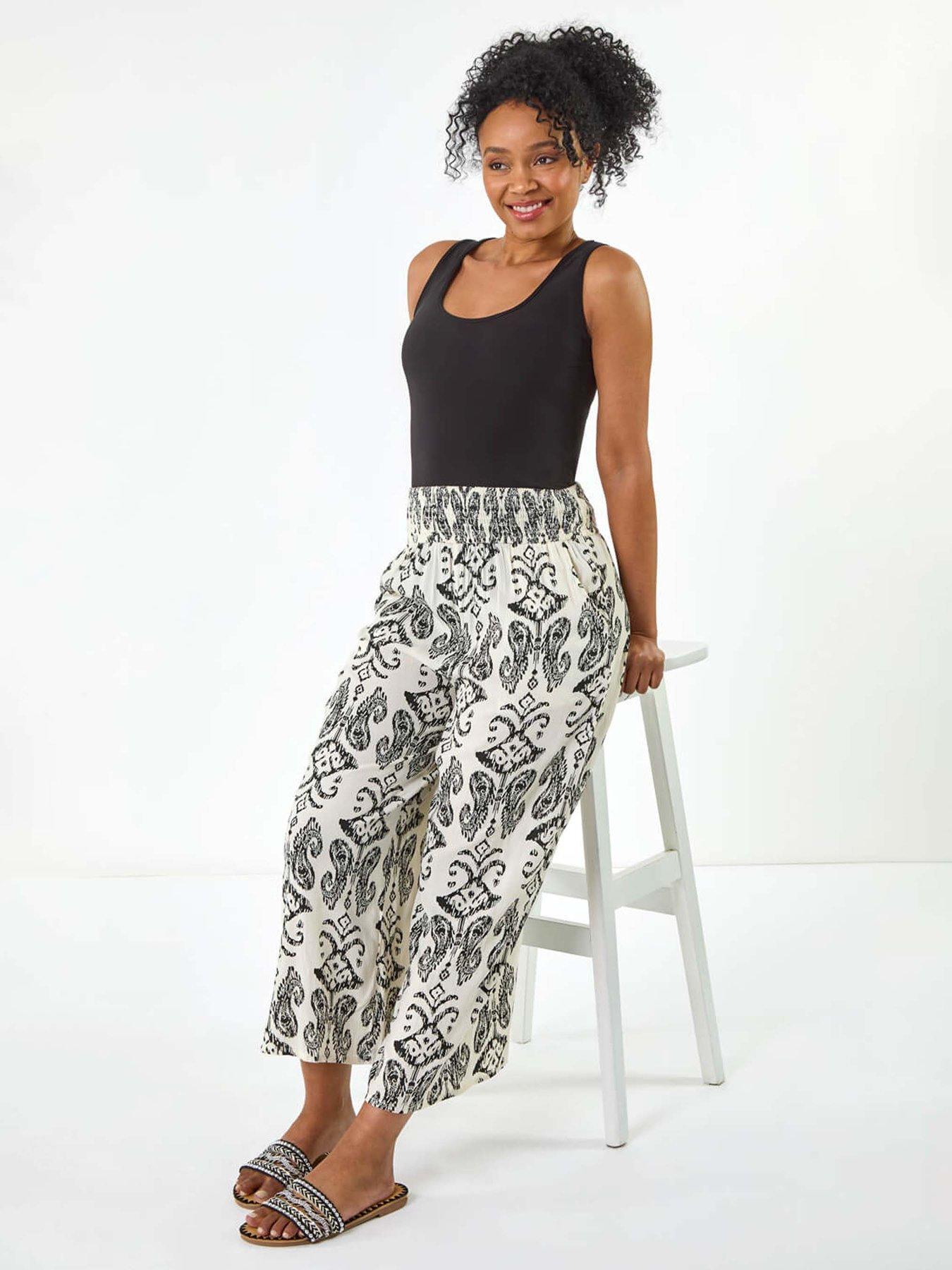 Roman Petite Print Shirred Cropped Trouser - White