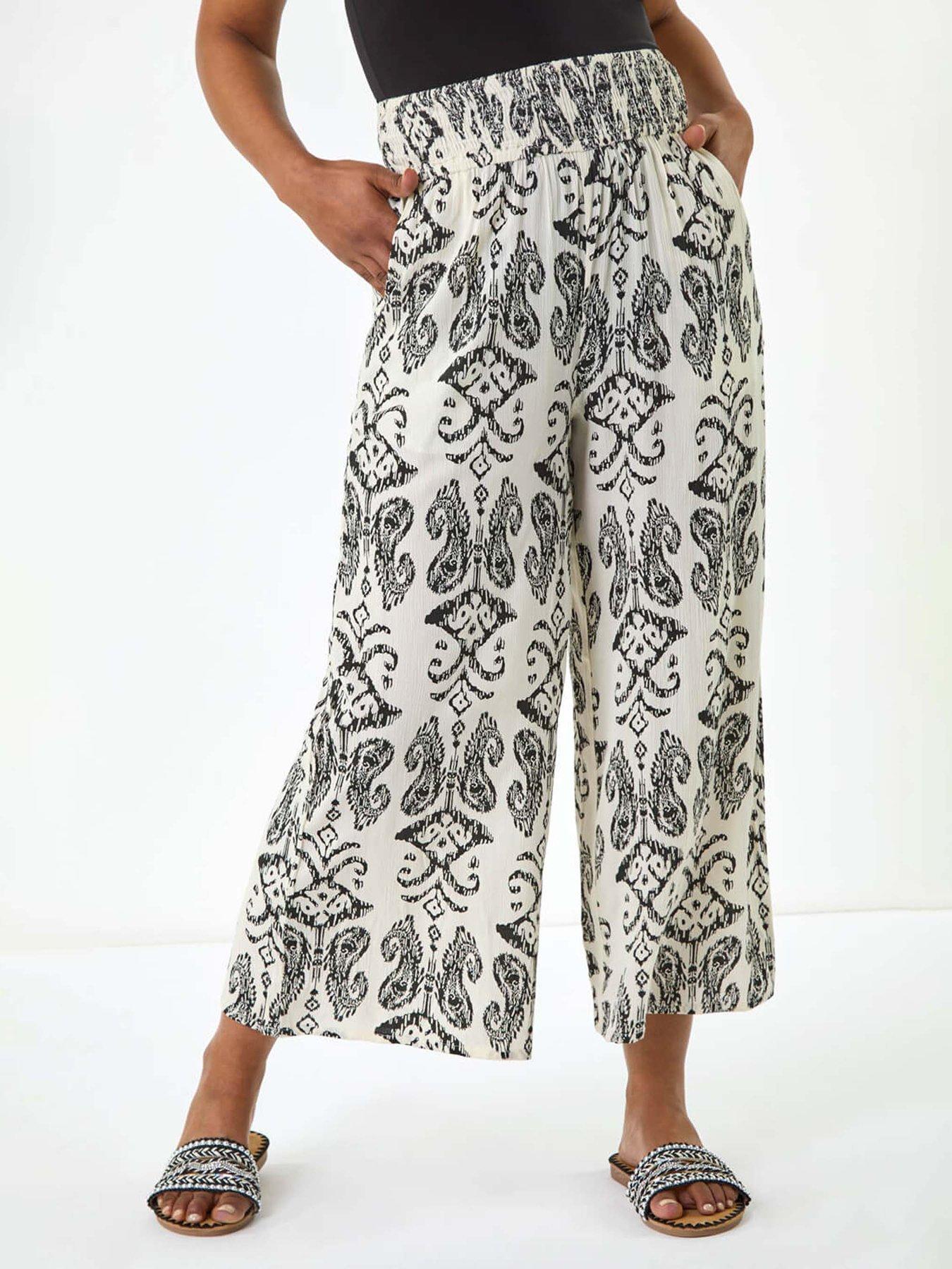 Image 4 of 5 of Roman Petite Print Shirred Cropped Trouser - White