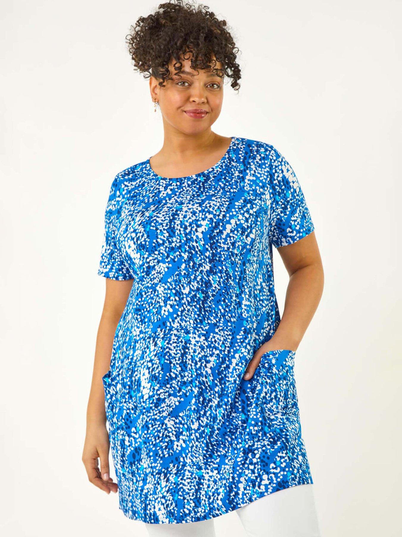 Image 3 of 5 of Roman Curve Printed Pocket Tunic Top - Blue