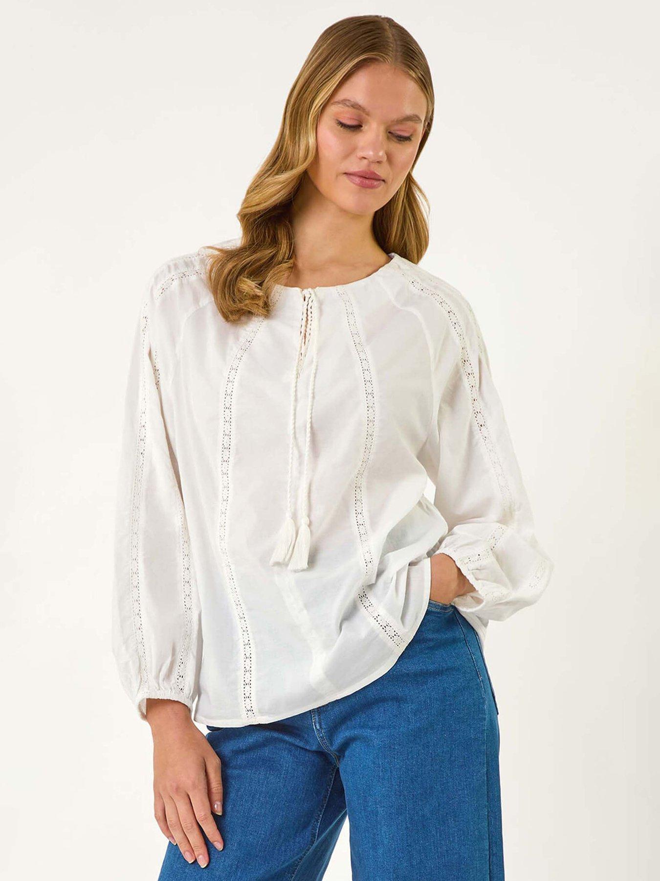 undefined Lace Trim Tie V-neck Top - White