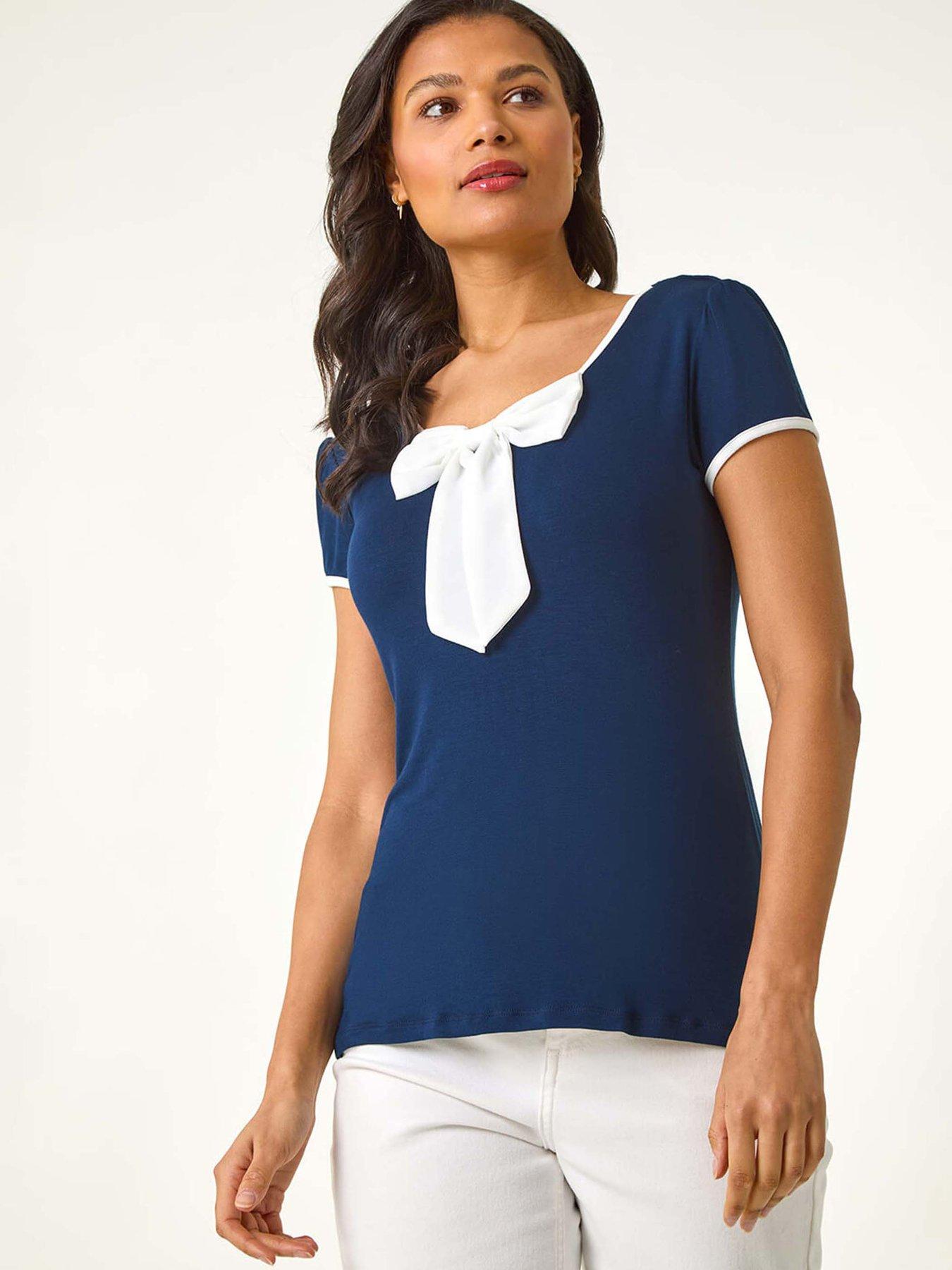 undefined Bow Front Stretch Top - Navy