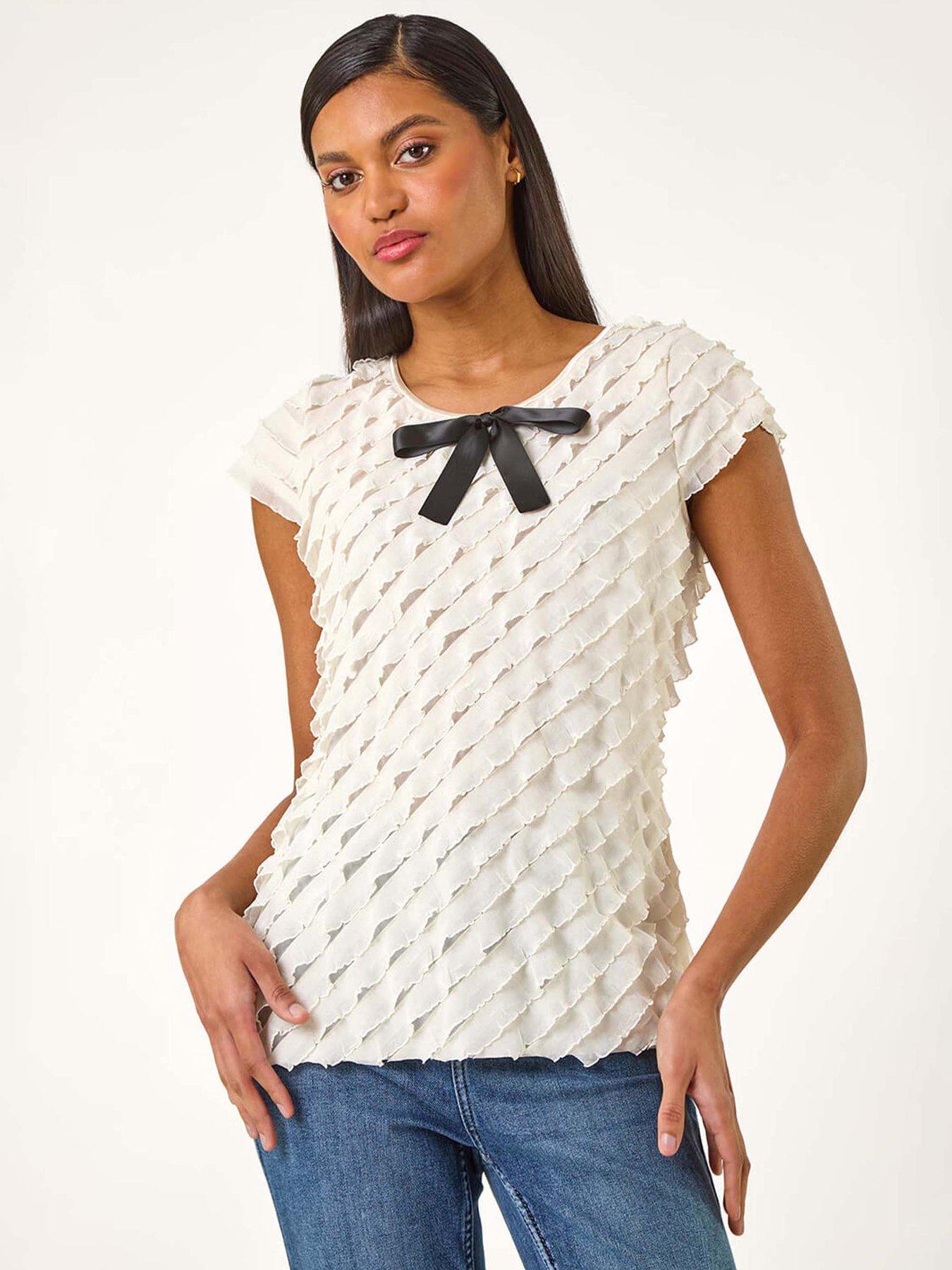 undefined Bow Front Frill Detail Tee - Beige