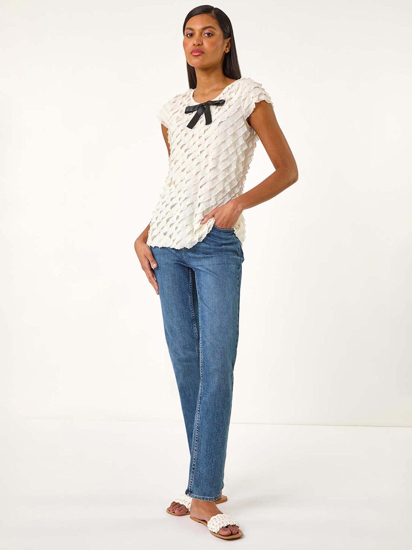 Image 3 of 5 of Roman Bow Front Frill Detail Tee - Beige