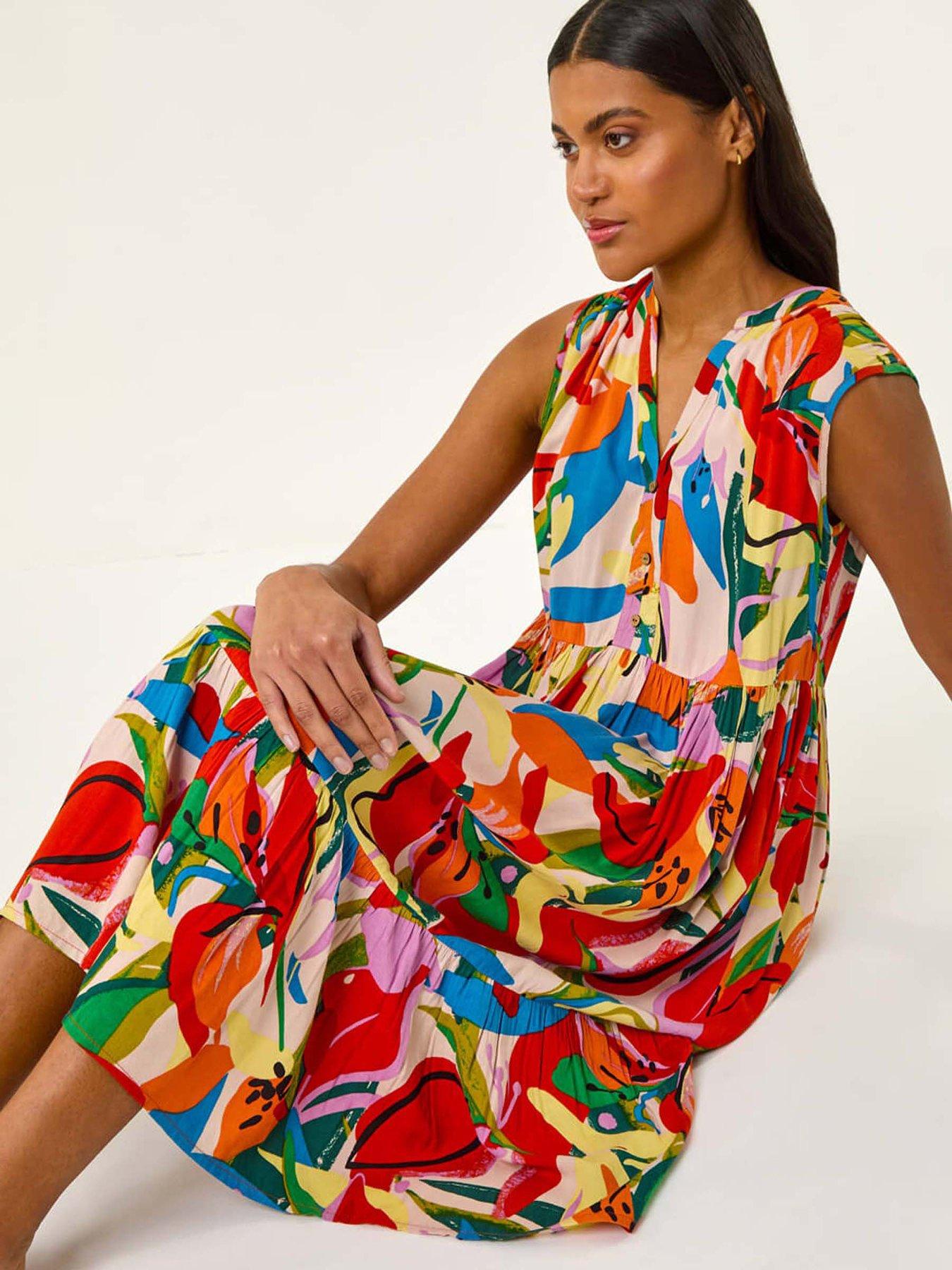 undefined Abstract Print Tiered Midi Dress - Multi