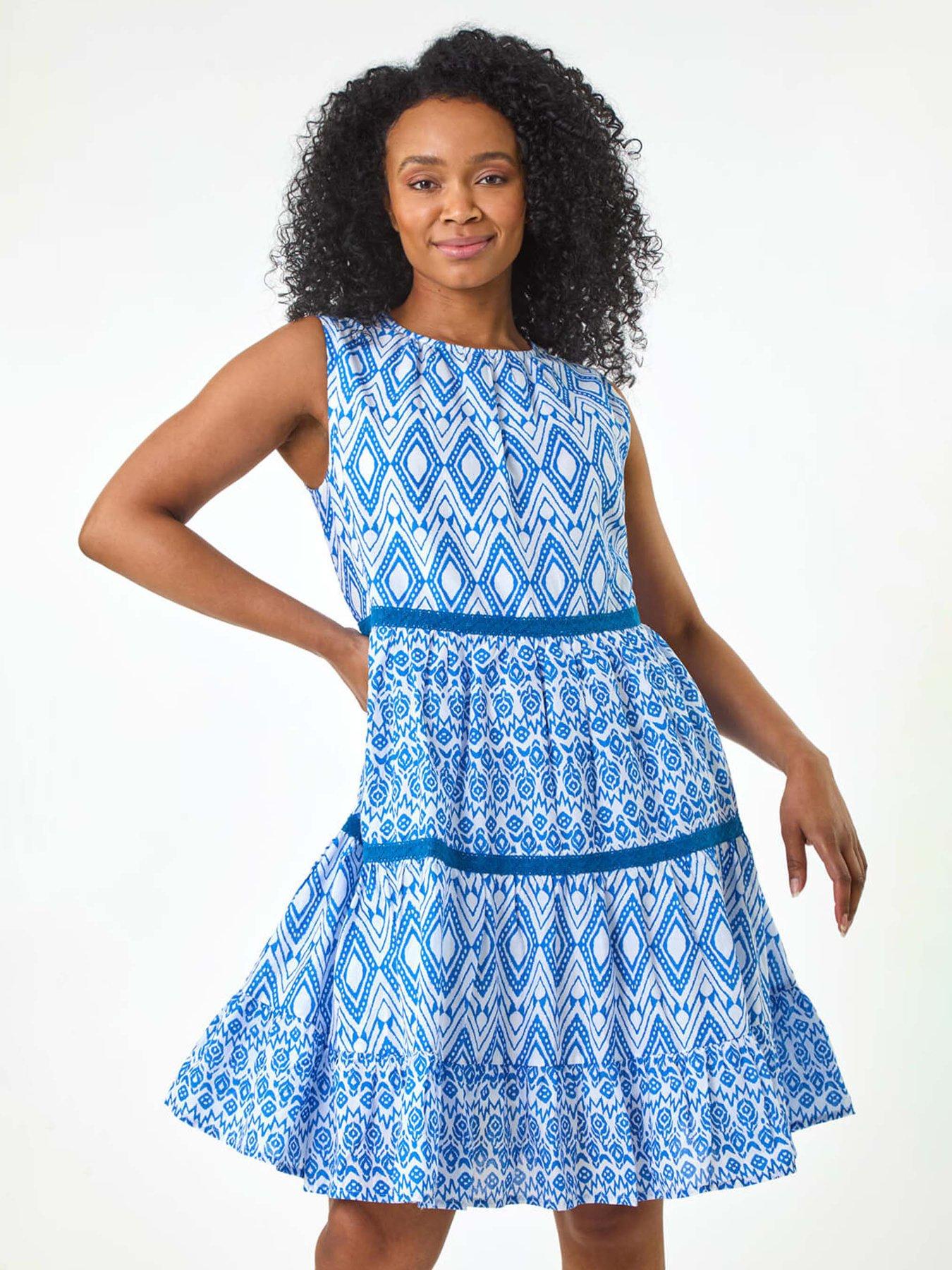 undefined Petite Geo Print Tiered Dress - Blue