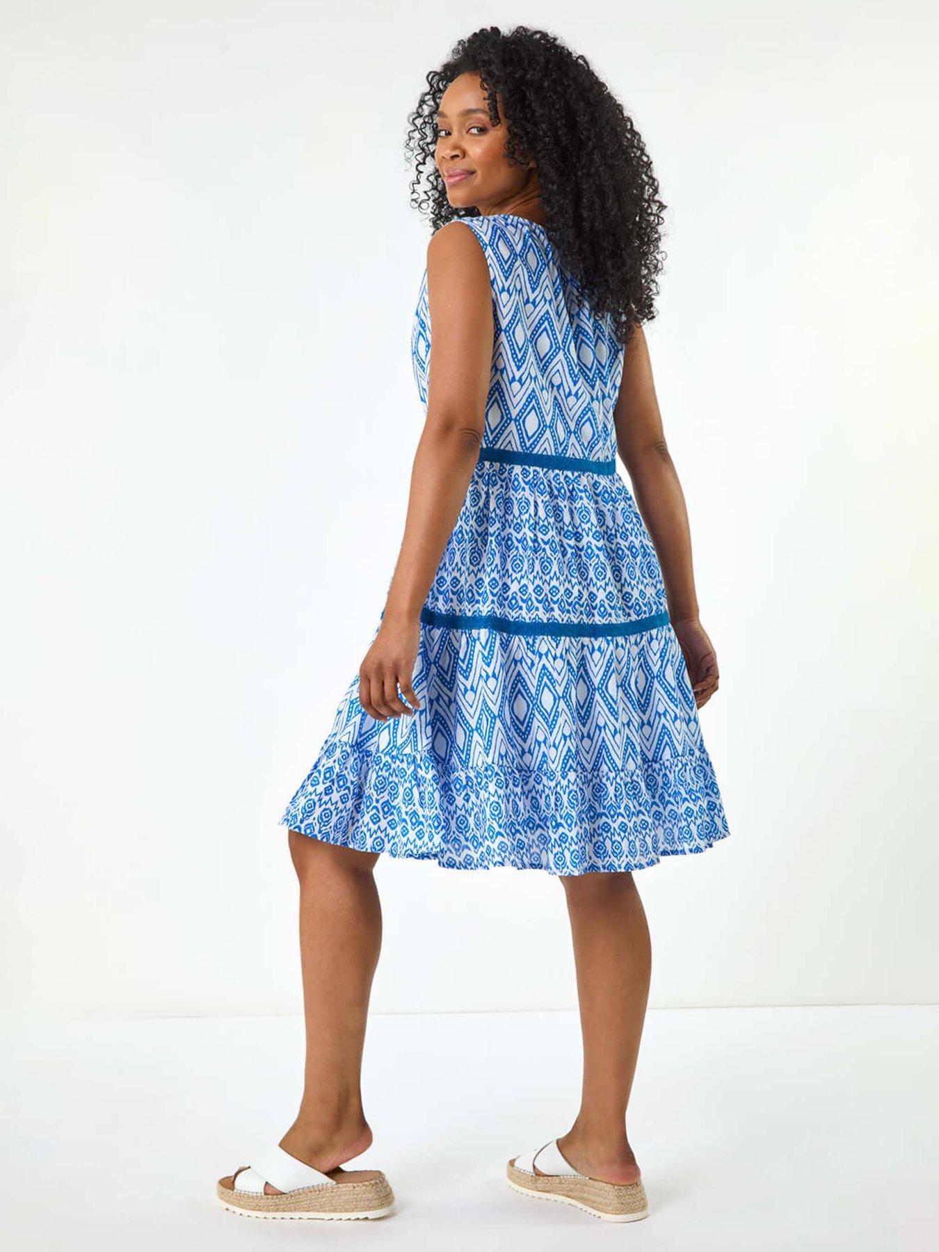 Image 2 of 5 of Roman Petite Geo Print Tiered Dress - Blue