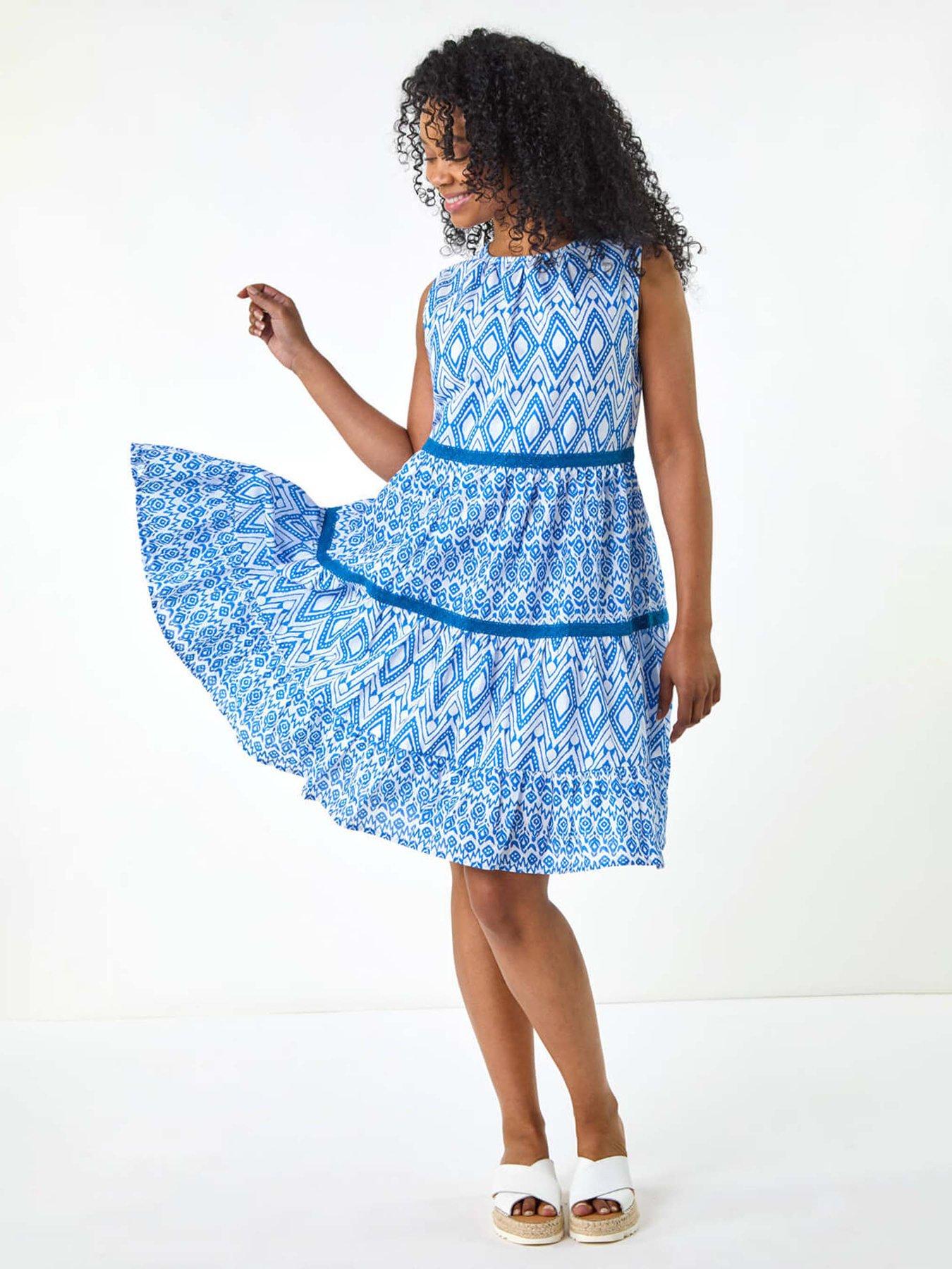 Image 3 of 5 of Roman Petite Geo Print Tiered Dress - Blue