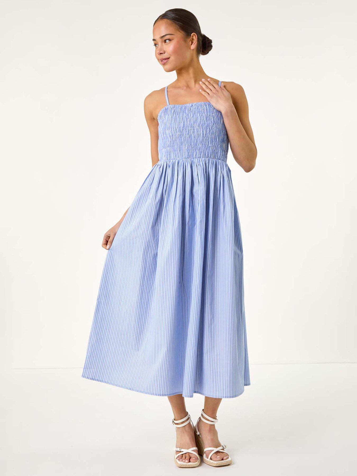 undefined Petite Stripe Strappy Shirred Dress - Blue