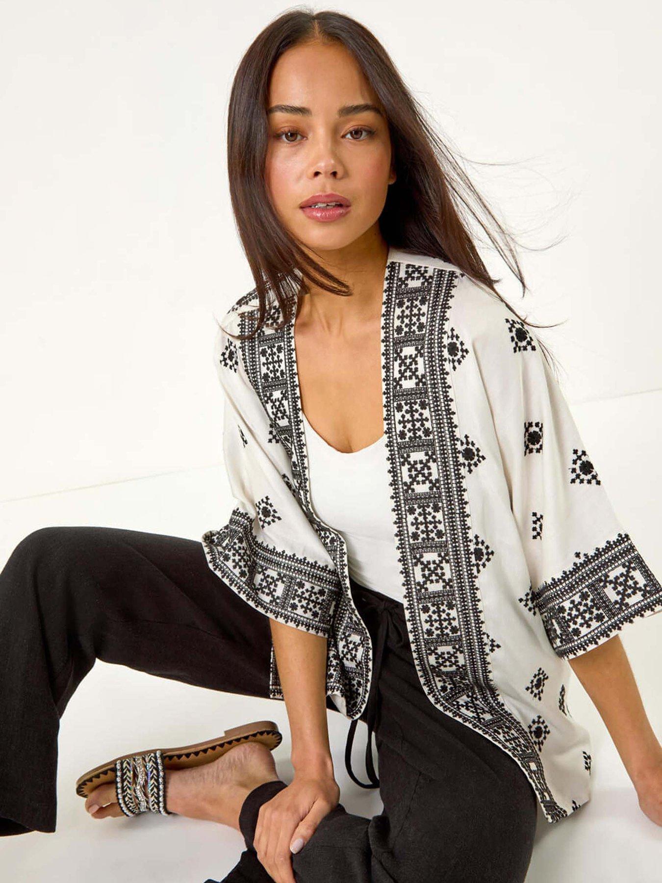 undefined Petite Abstract Embroidered Kimono - White