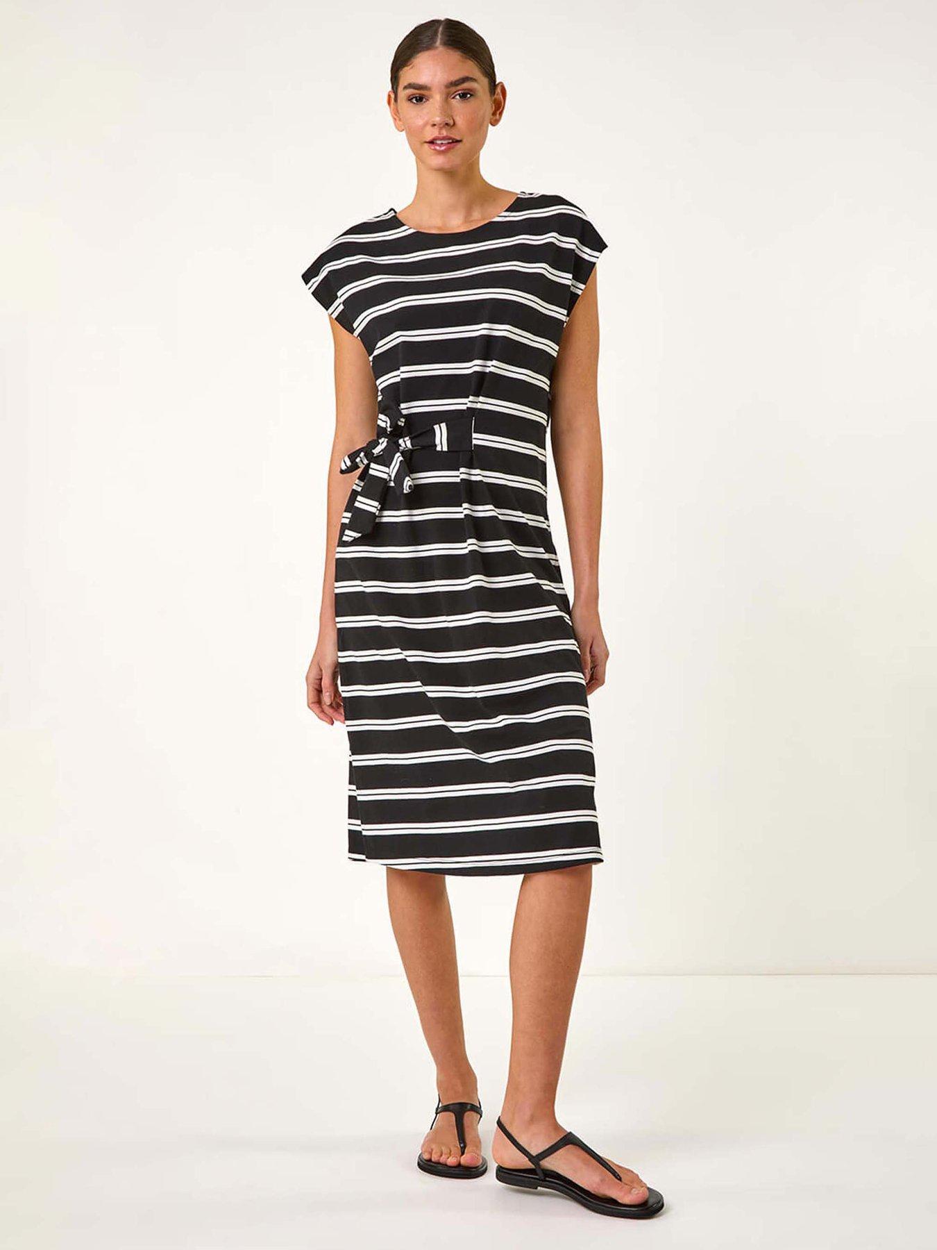 undefined Stripe Tie Side Stretch Midi Dress - Black