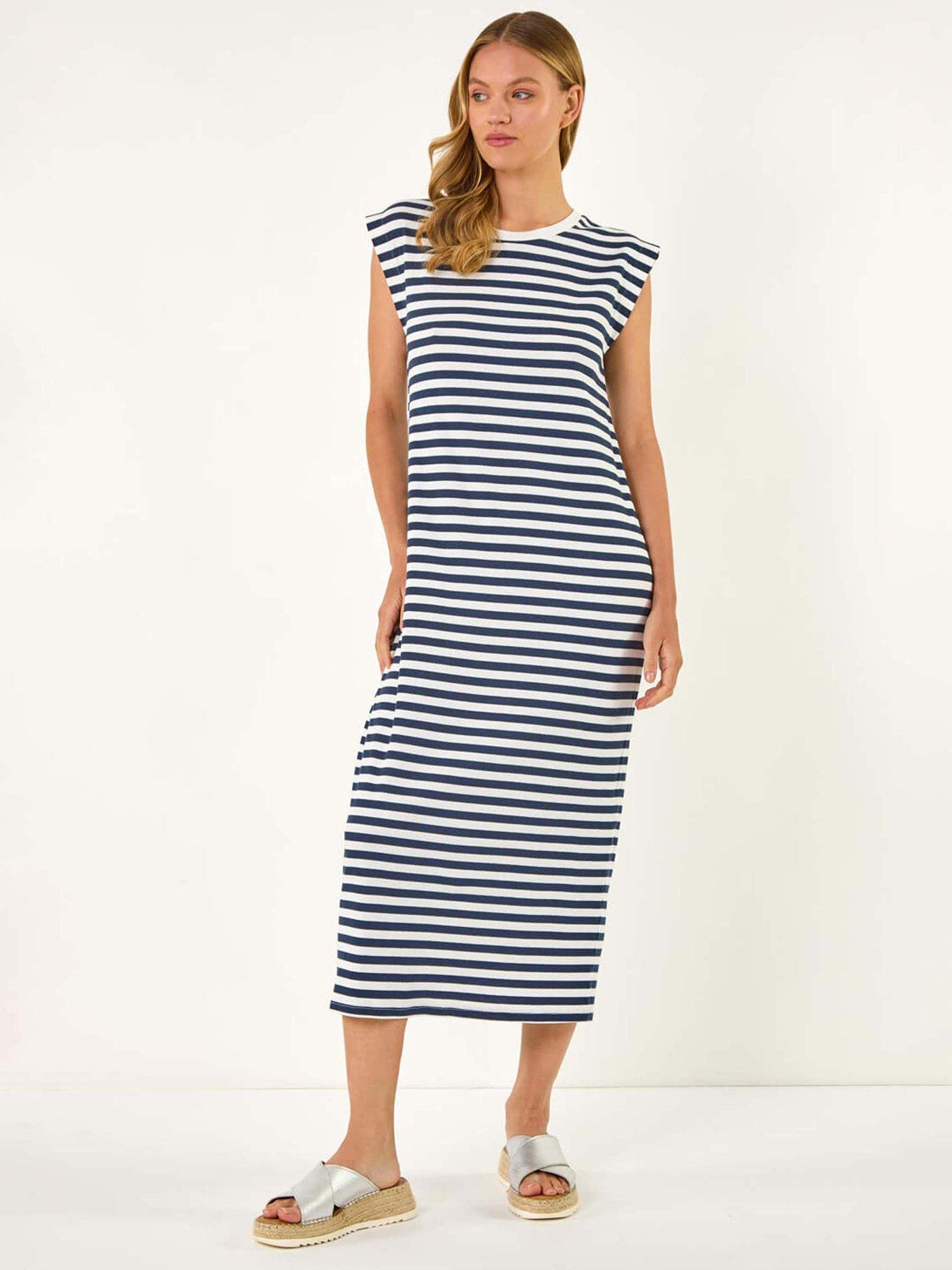 undefined Ribbed Stripe Cap Sleeve Midi Dress - Navy