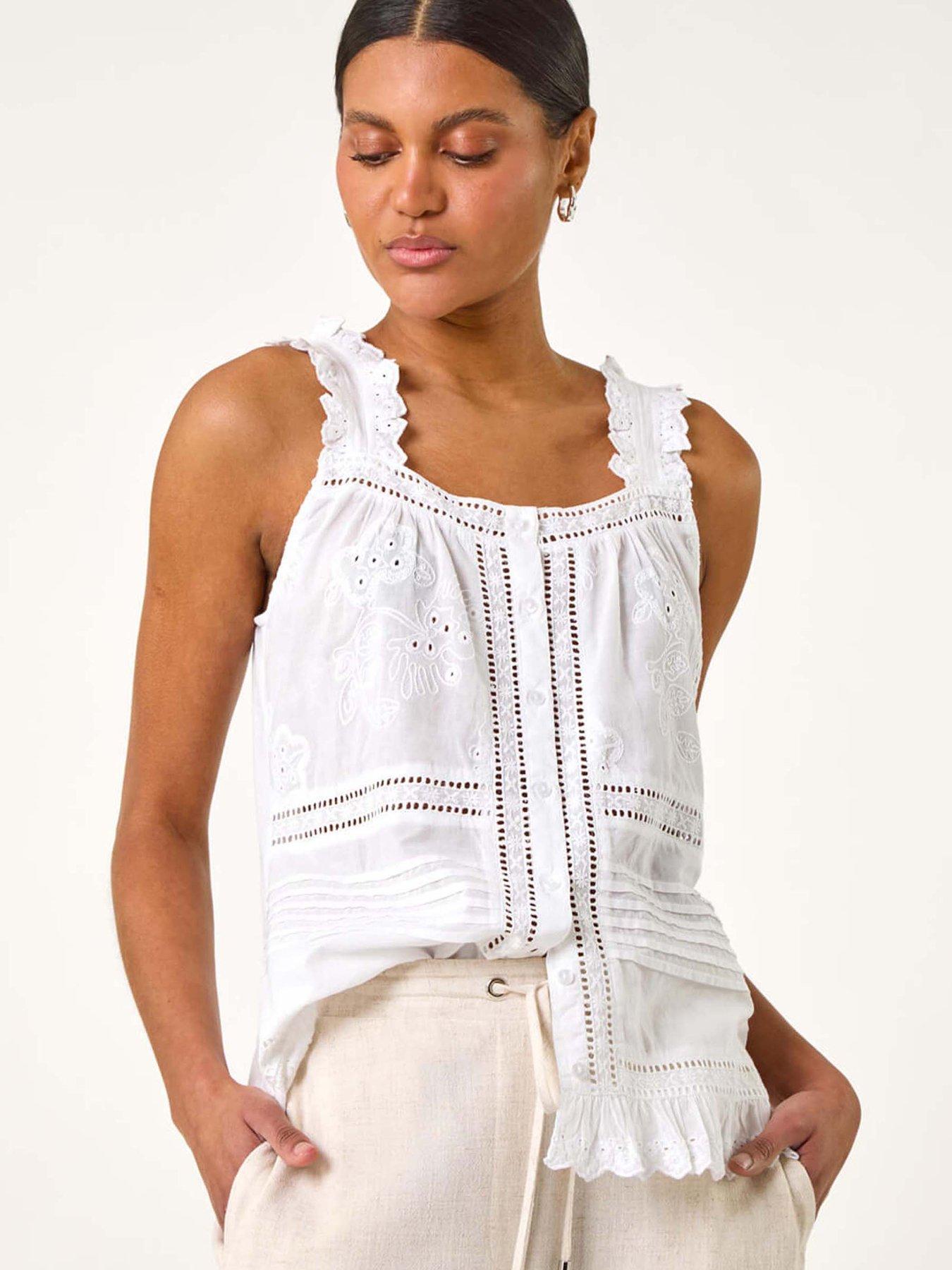 Roman Embroidered Trim Button Detail Cami - White