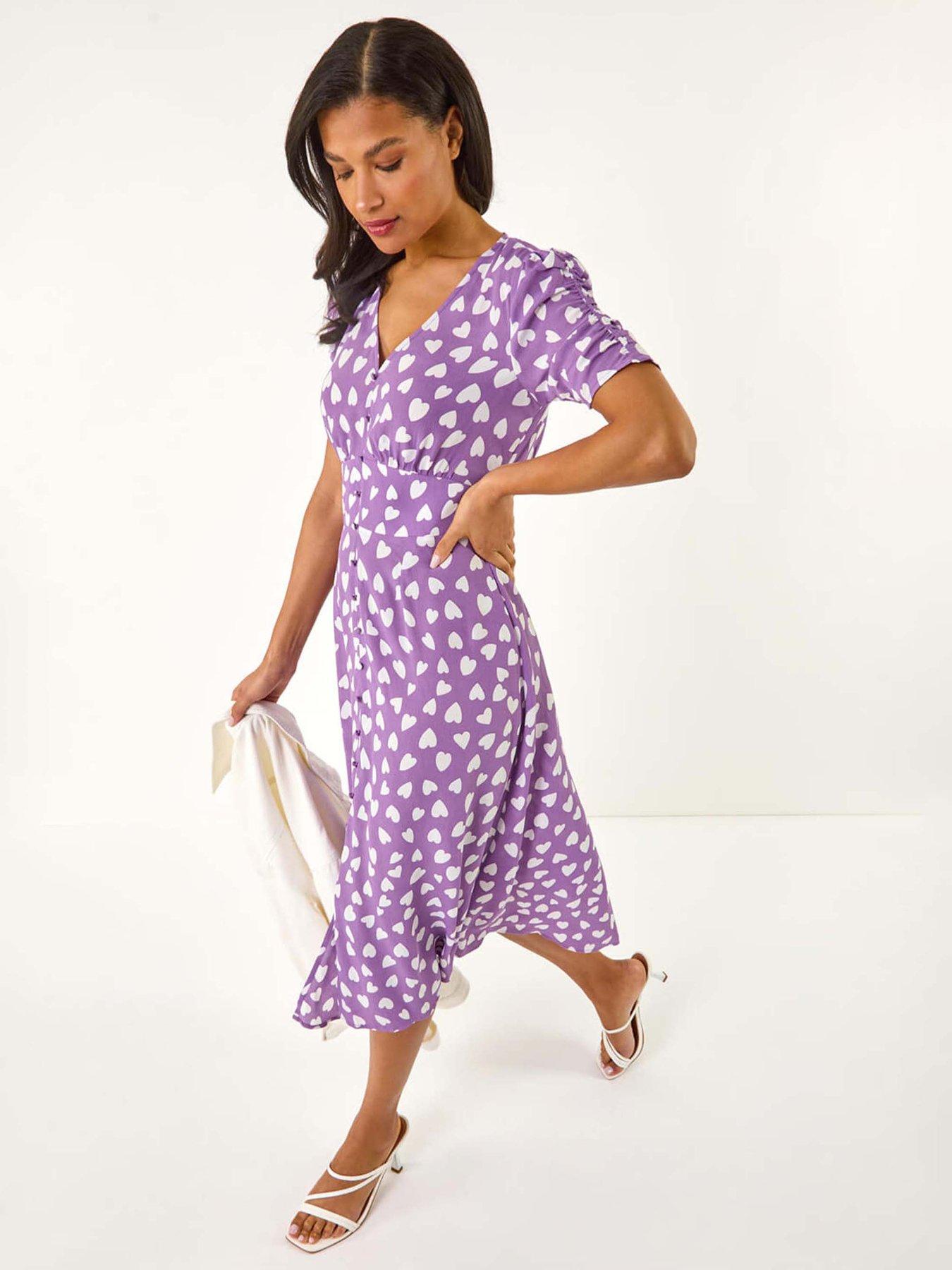 Roman Heart Print Ruched Midi Dress - Purple