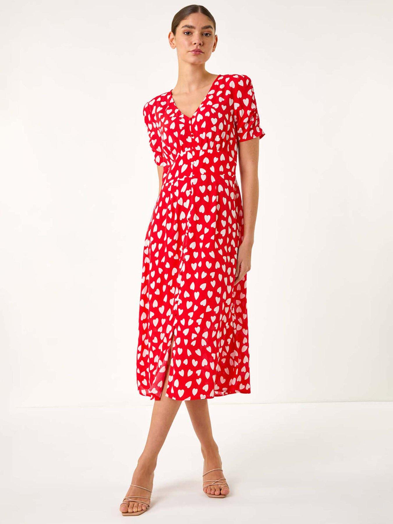 undefined Heart Print Ruched Midi Dress - Red