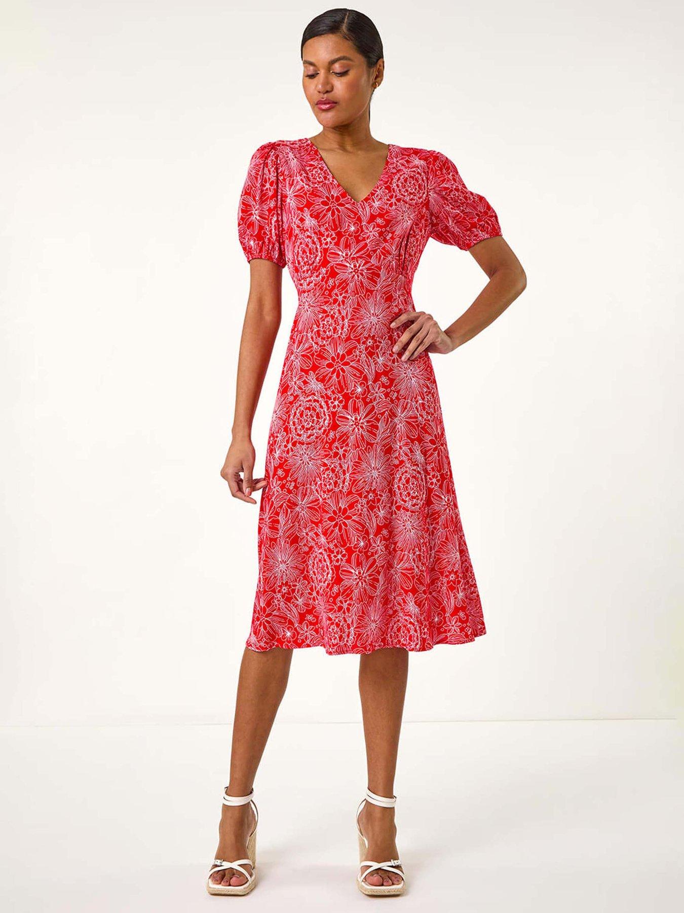Roman Floral Midi Tea Dress - Red