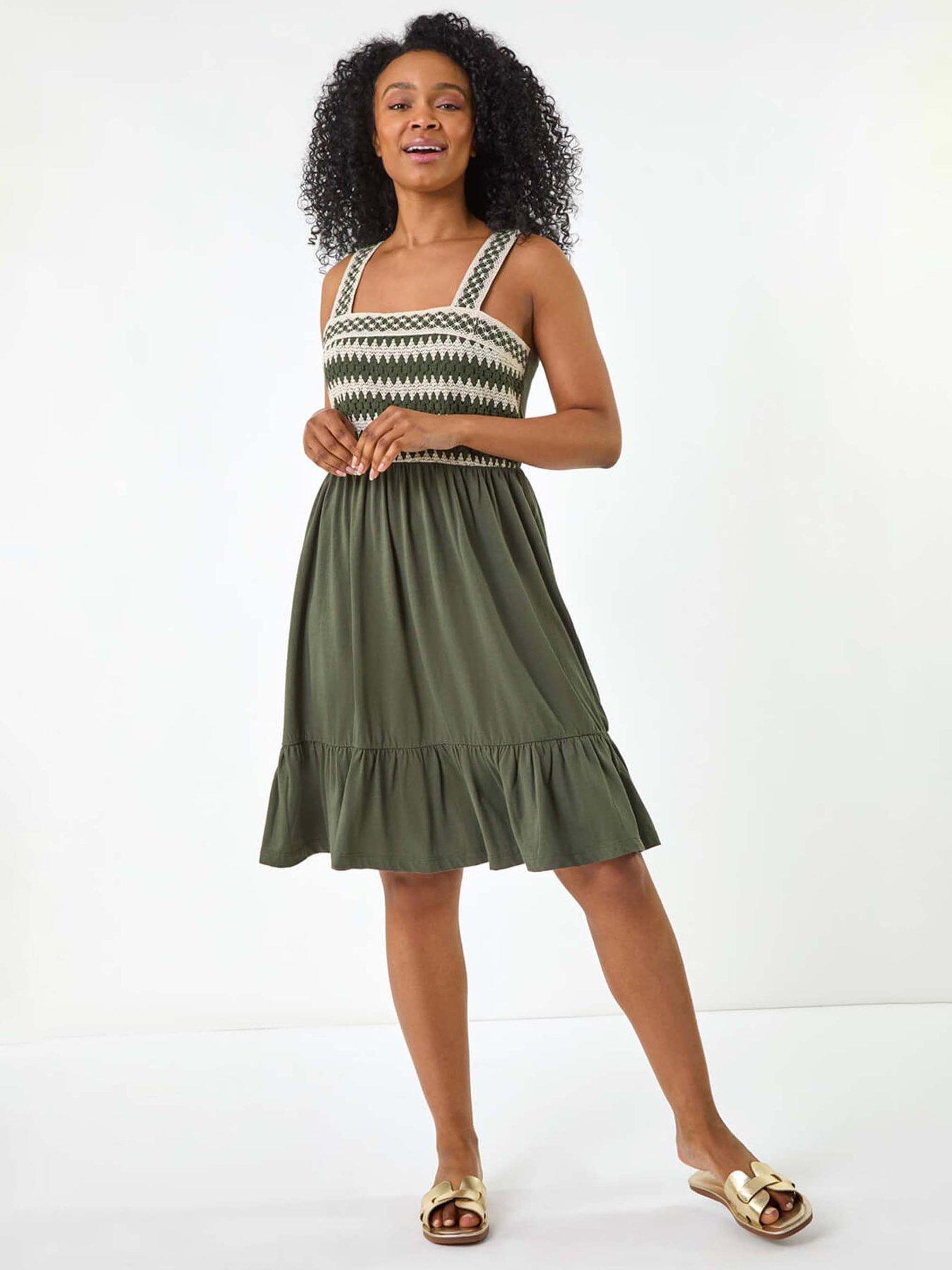undefined Petite Crochet Trim Strap Dress - Green