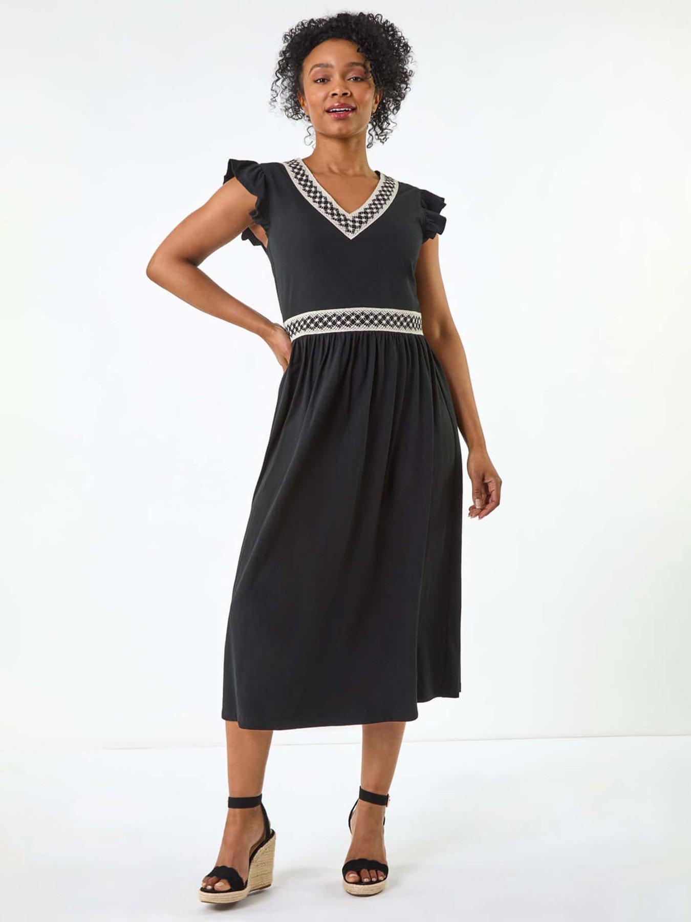 undefined Petite Crochet Trim Midi Dress - Black