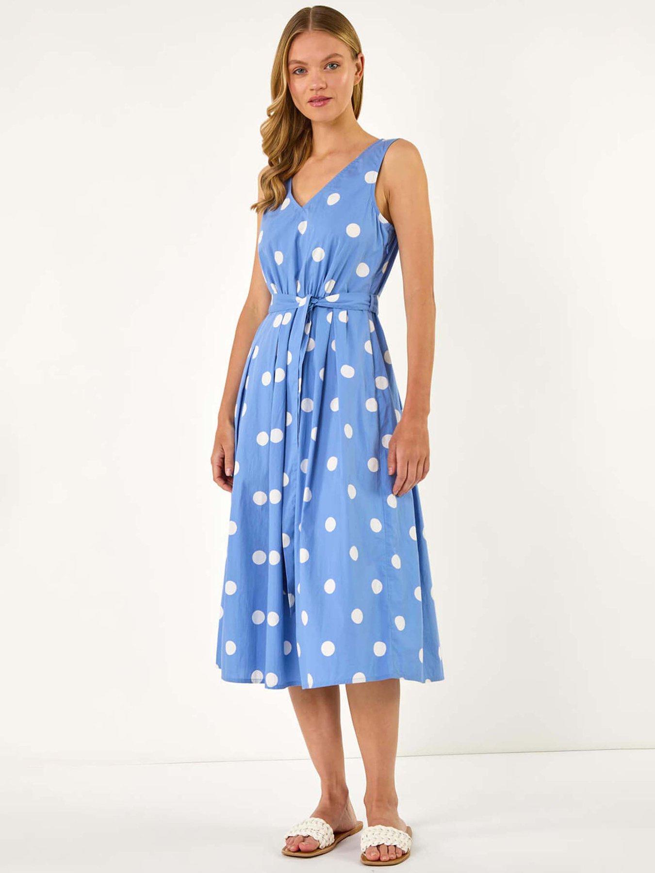 undefined Spot Print Belted Midi Dress - Blue