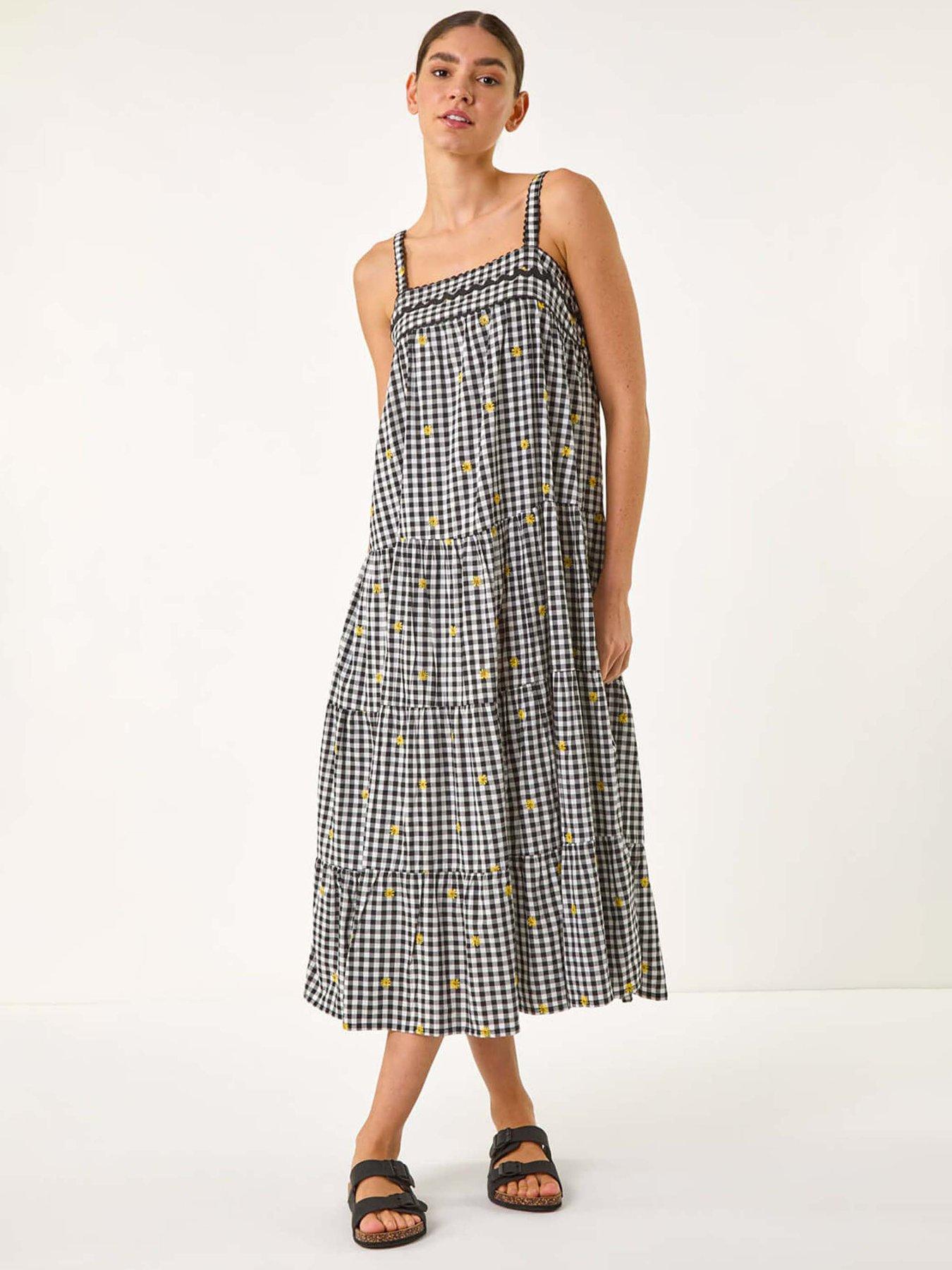 undefined Gingham Embroidered Midi Dress - Black