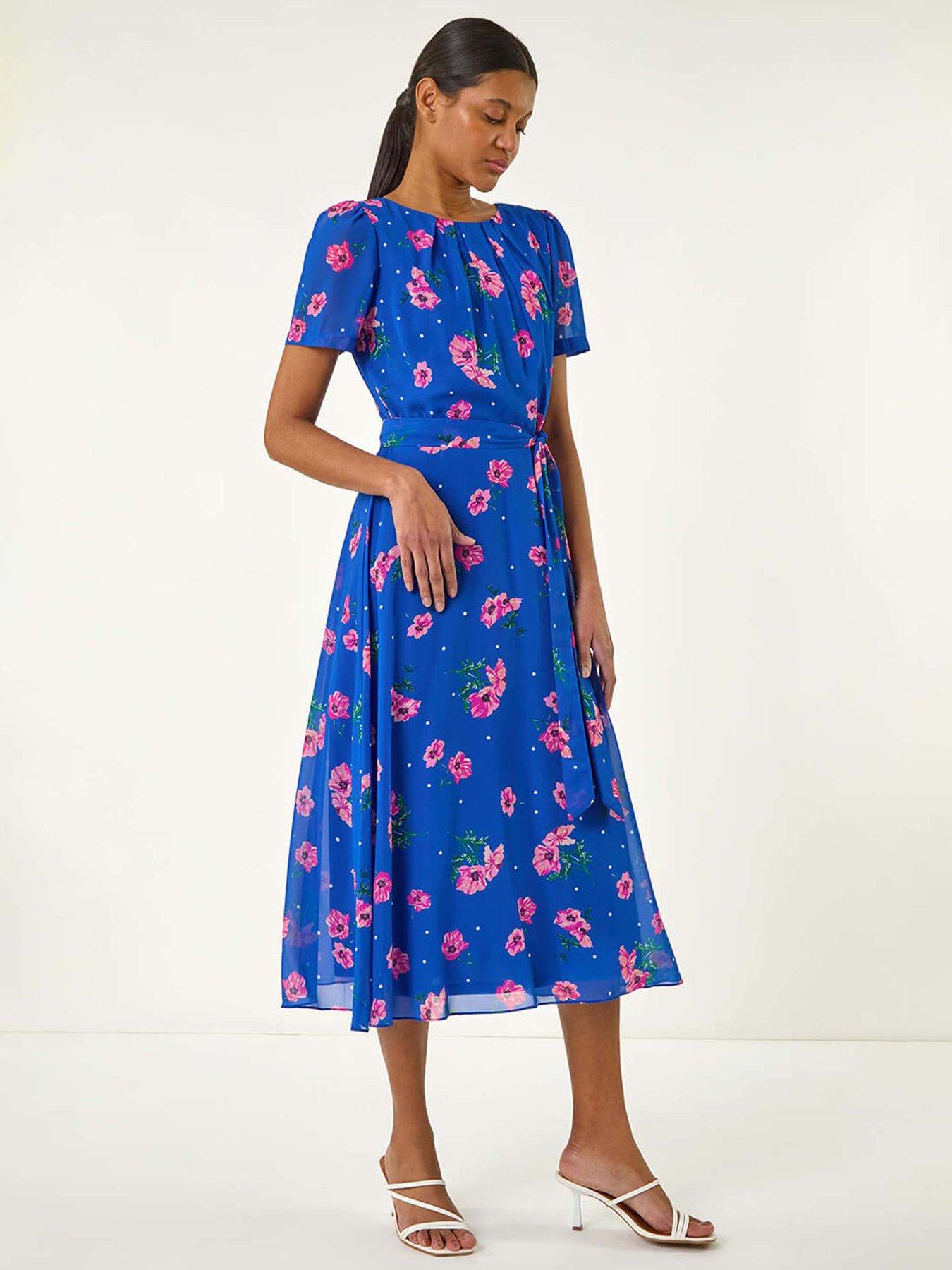 undefined Floral Pleated Chiffon Dress - Blue