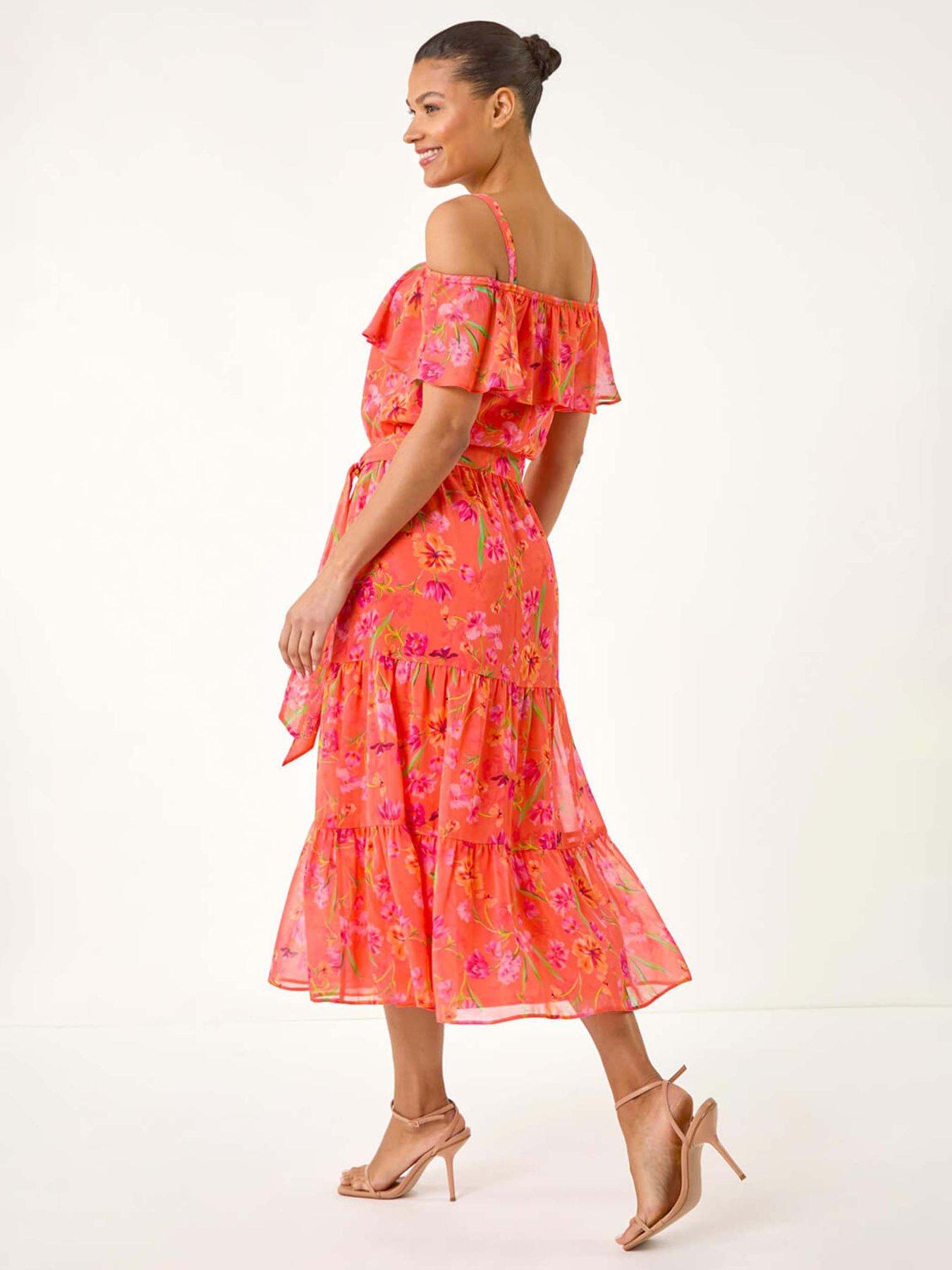 open lace back dress Zara Bardot Midi Dress in Tropical Print  L'Atelier London