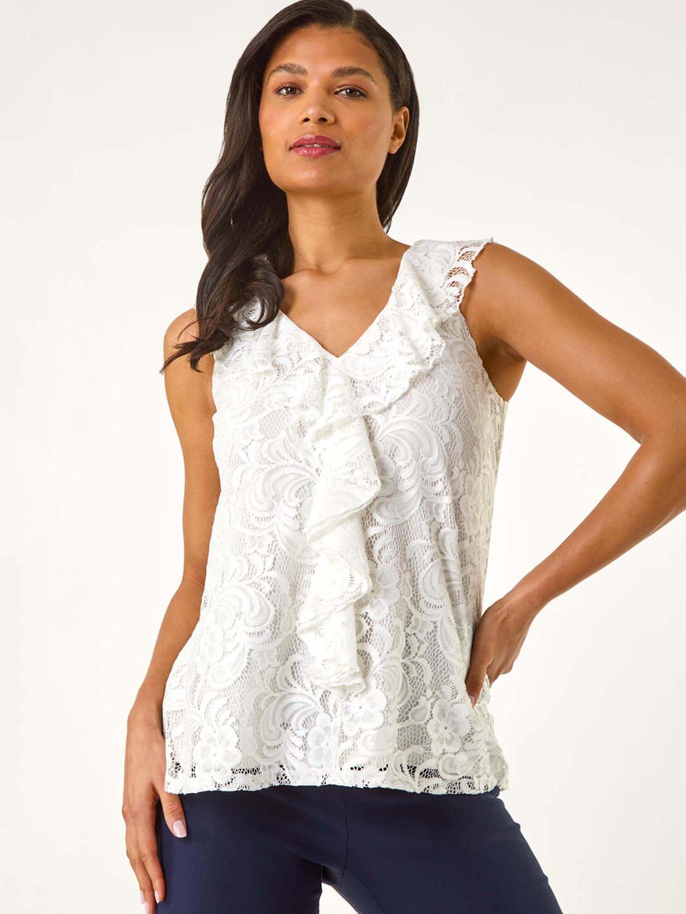 undefined Lace V-neck Ruffle Front Top - White