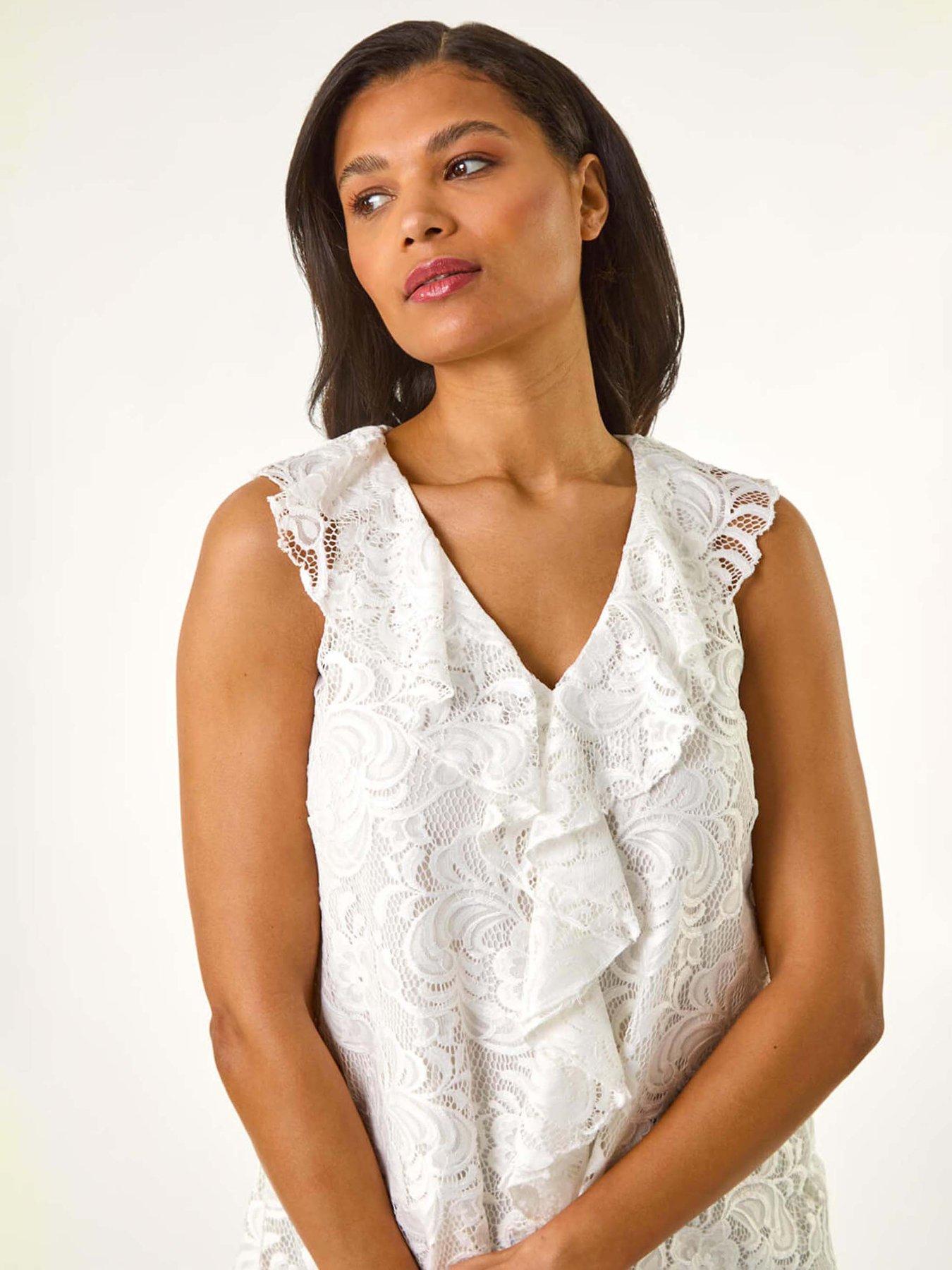 Image 4 of 5 of Roman Lace V-neck Ruffle Front Top - White