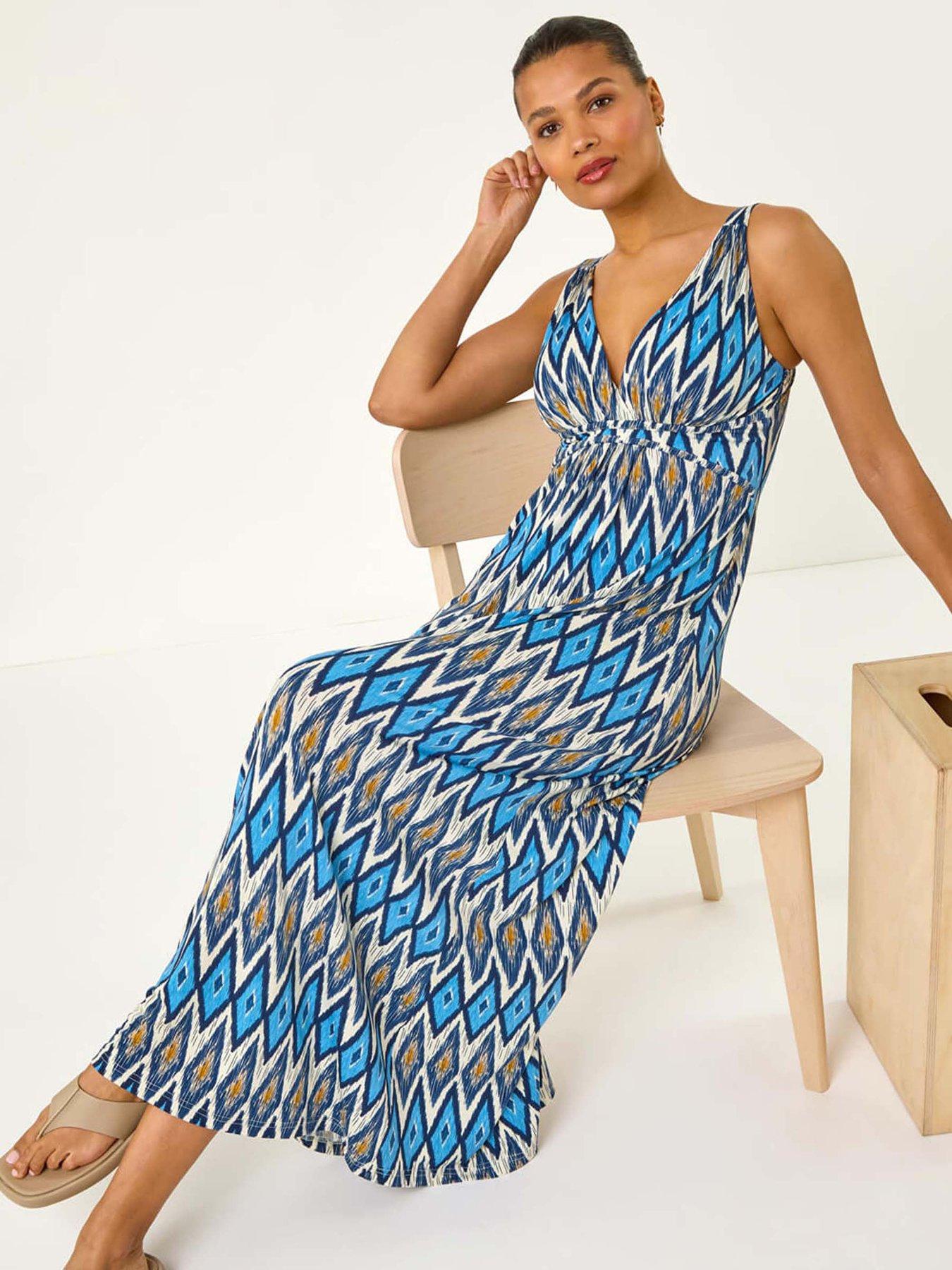 Image 1 of 5 of Roman Geometric V-neck Maxi Dress - Blue