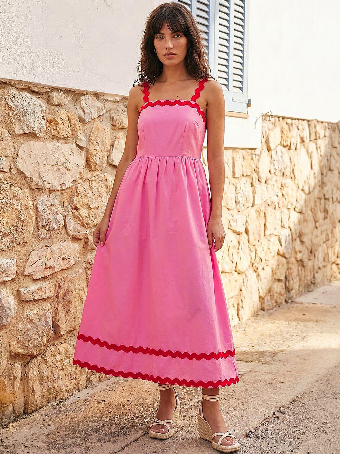 Roman Contrast Ric Rac Midi Dress, Pink, Size 18, Women