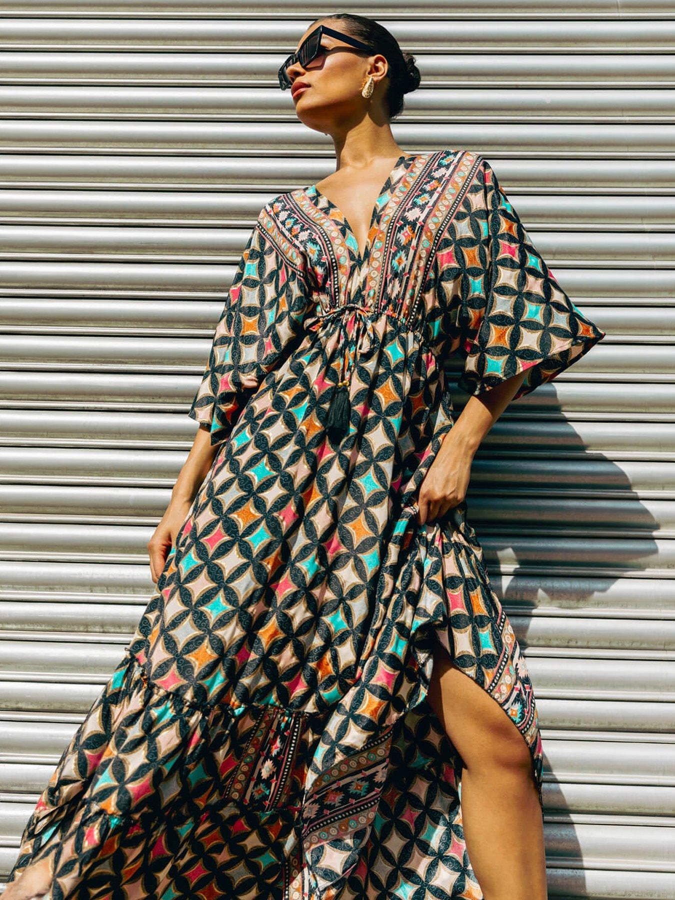 Roman Geo Print V-Neck Frill Maxi Dress - Black